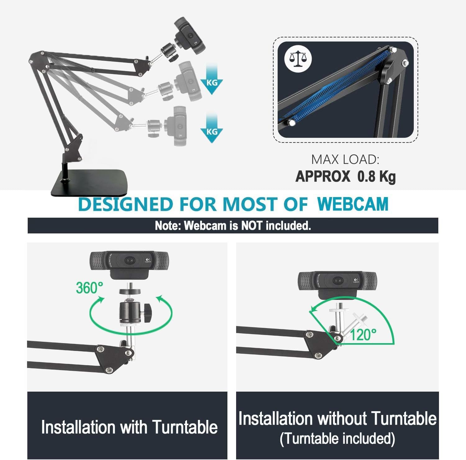 Acetaken Tabletop Webcam Tripod Stand, Boom Arm With Magnetic Mount Holder For Logitech Brio 101, Brio 301,Brio 501,C270,C310 Webcams