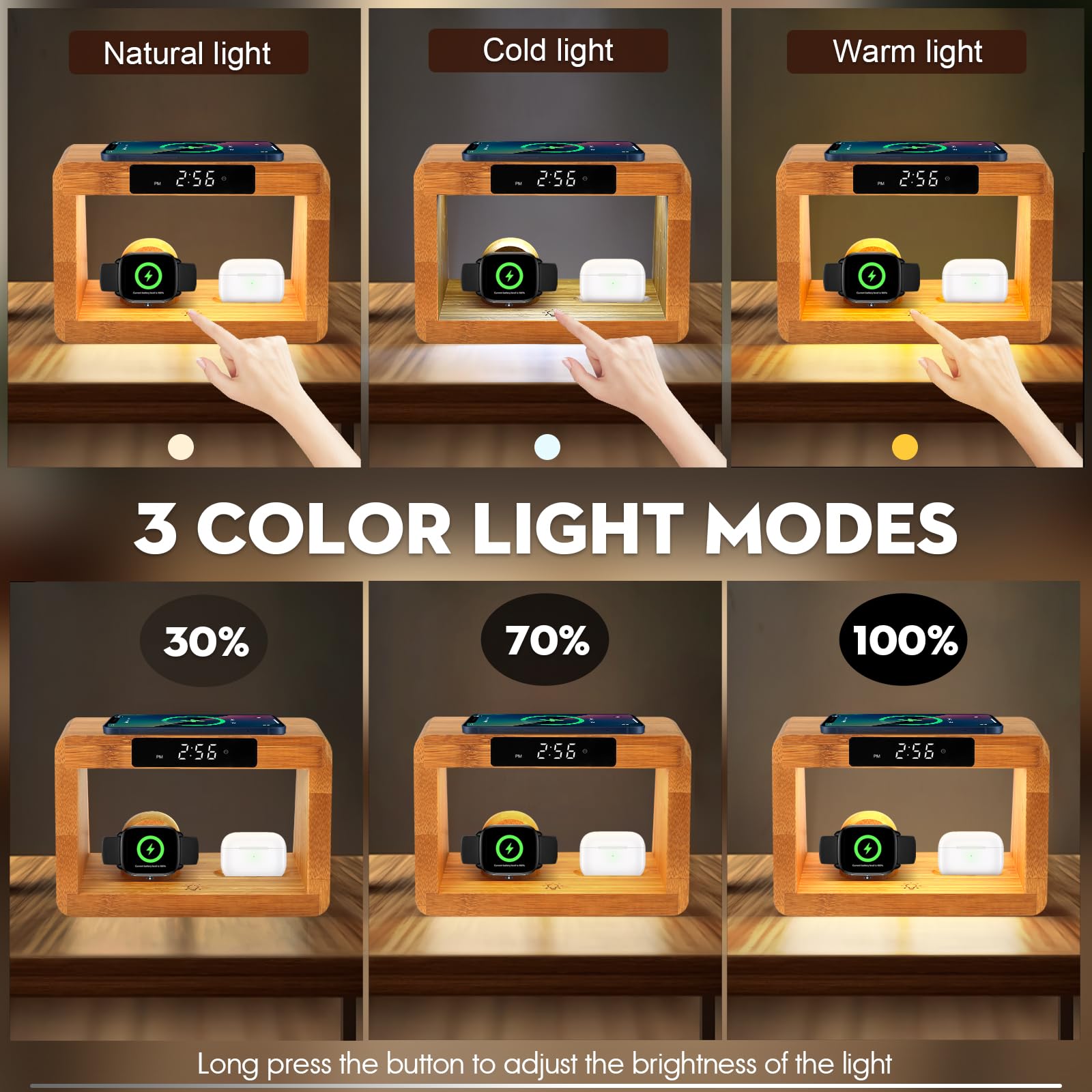 Hqobzx Wooden Bedside Table Lamps For Bedroom With Wireless Charger, Nightstand Lamp With Charging Station, 3 Night Light Modes Dimmable Touch Bedside Lamps With Alarm Clocks Lamps For Night Stands