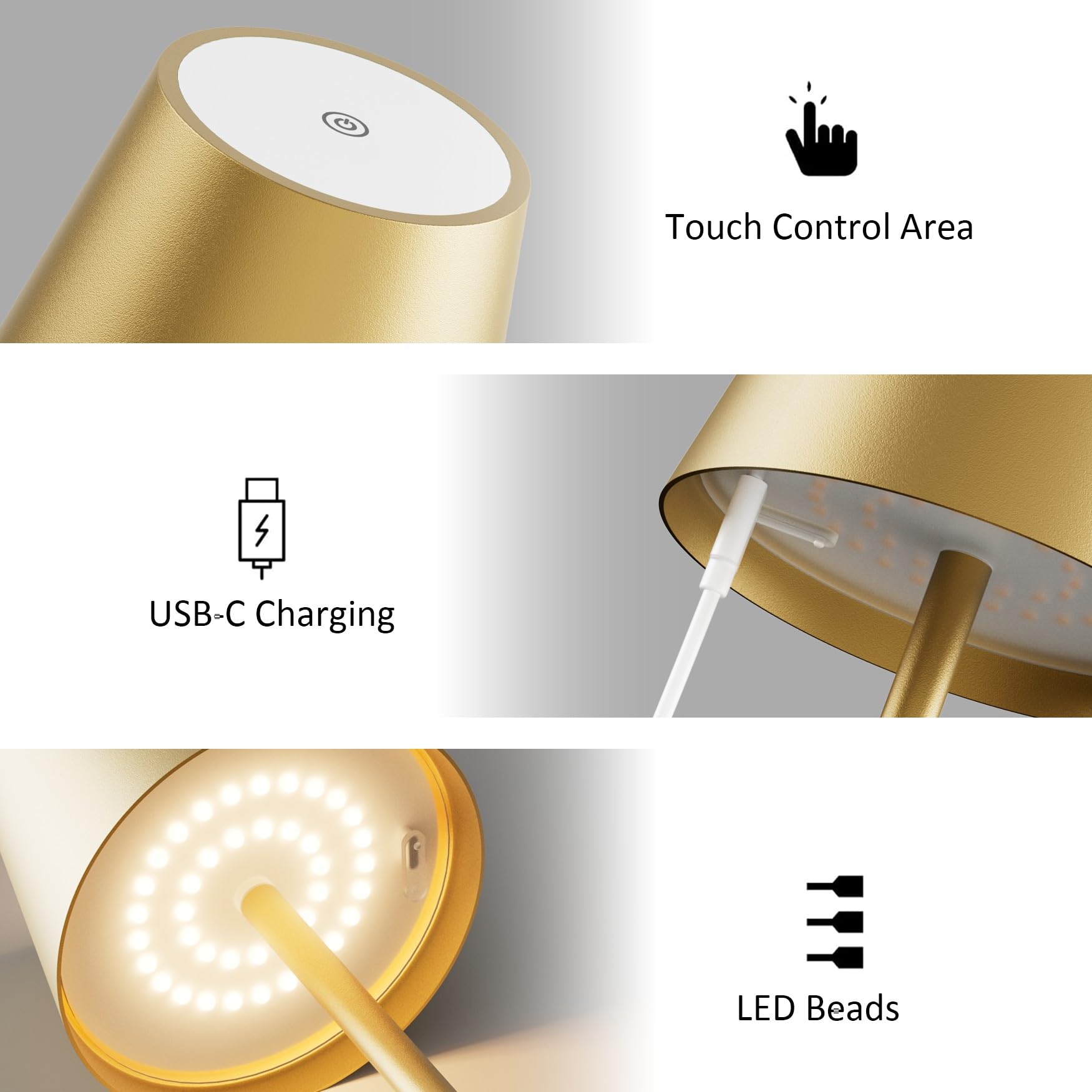 Irotine 1-Pack Gold Led Cordless Table Lamp, Rechargeable Battery Desk Lamp 3W 5000Mah Battery Operated, Ip54 Waterproof|3000K Warm Light|Stepless Dimming Outdoor Table Lamp For Restaurant/Dinner