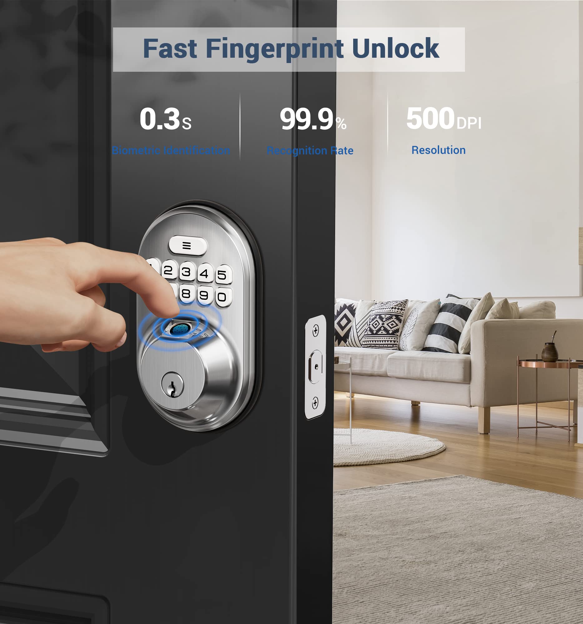 Veise Fingerprint Door Lock, Keyless Entry Keypad Deadbolt, Anti Peeping Password, Auto Lock, Easy Install, Satin Nickel