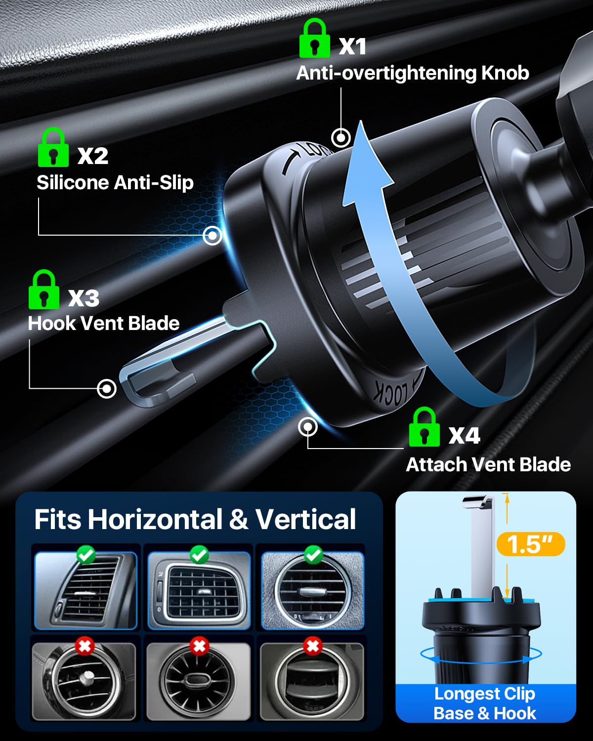 Yru Car Phone Holder [  Metal Hook Clip], Phone Holders For Your Car [No Fear Of Bumps] Air Vent Phone Mount Widely Compatible With Iphone16 15 14 13 12 Android Smartphones, Black