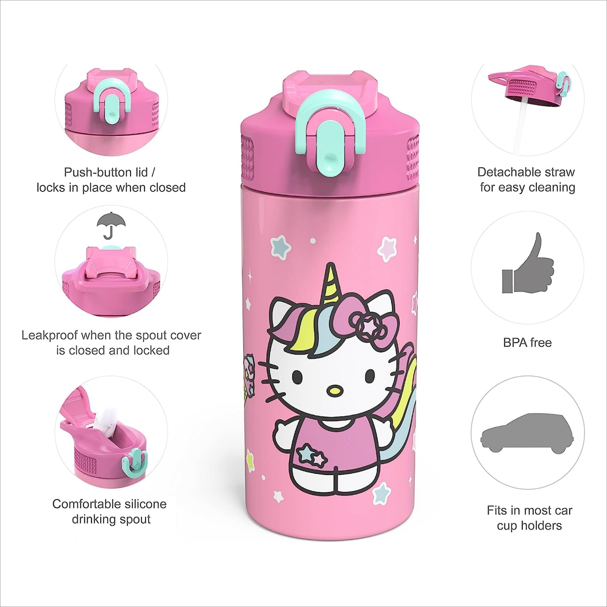 Zak Hello Kitty - Stainless Steel Vacuum Insulated Water Bottle - Pack Of 2 - 14 Oz - Durable