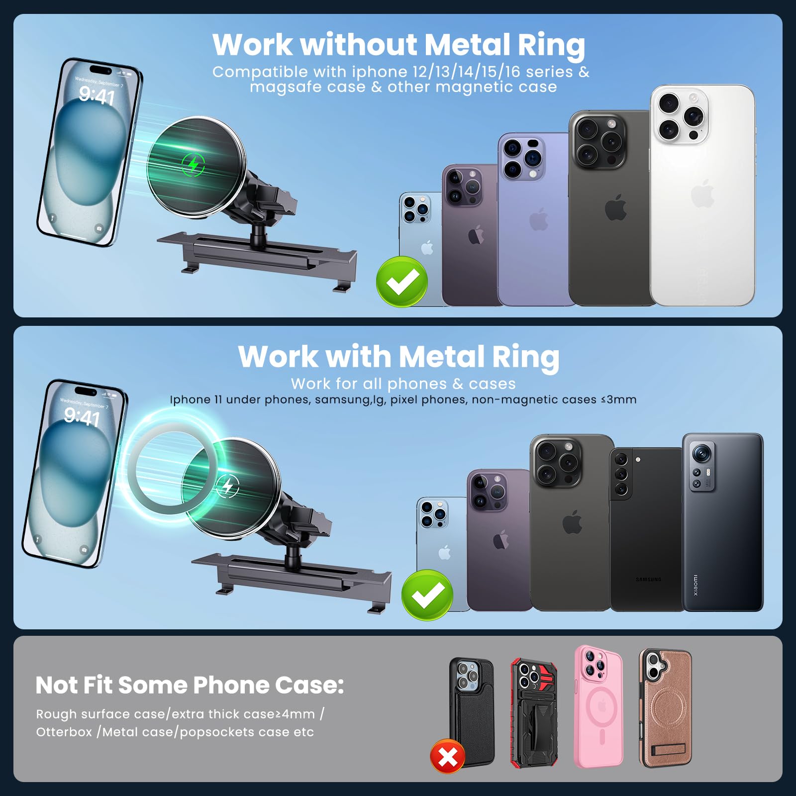 Kaishengyuan Magnetic Phone Mount With Wireless Charging For Ram Truck 2013-2018, Dash Mount Cell Phone Holder Compatible With Ram 1500/2500/3500 & 2019+ Classic 360° Rotation Smartphone Cradles