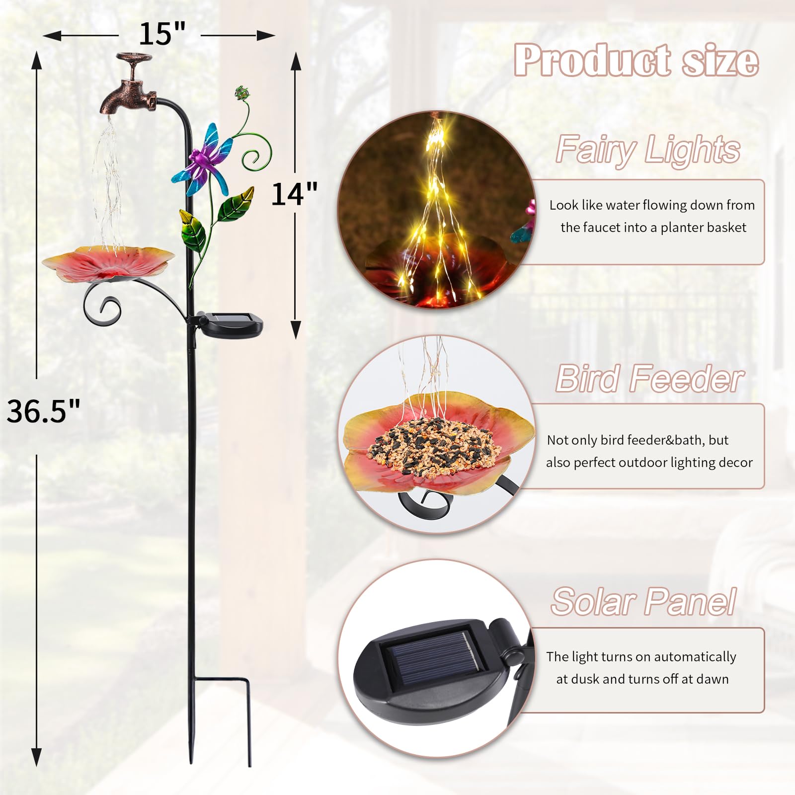 Afirst Solar Outdoor Lights Decorative Solar Dragonfly Lights With Bird Feeder Faucet Shaped Lighted Solar Garden Stake Decorations For Pathway Lawn Patio Courtyard Backyard