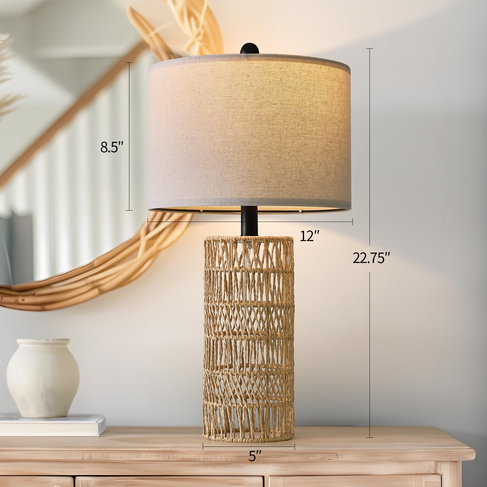 Oyears 22.5" Boho Table Lamps Set Of 2 For Living Room, Bedside Lamp For Nightstands, Rattan Lamp For Bedroom, Farmhouse Table Lamp For Room Decor, End Table, Retro, Brown（Not Include Bulbs）