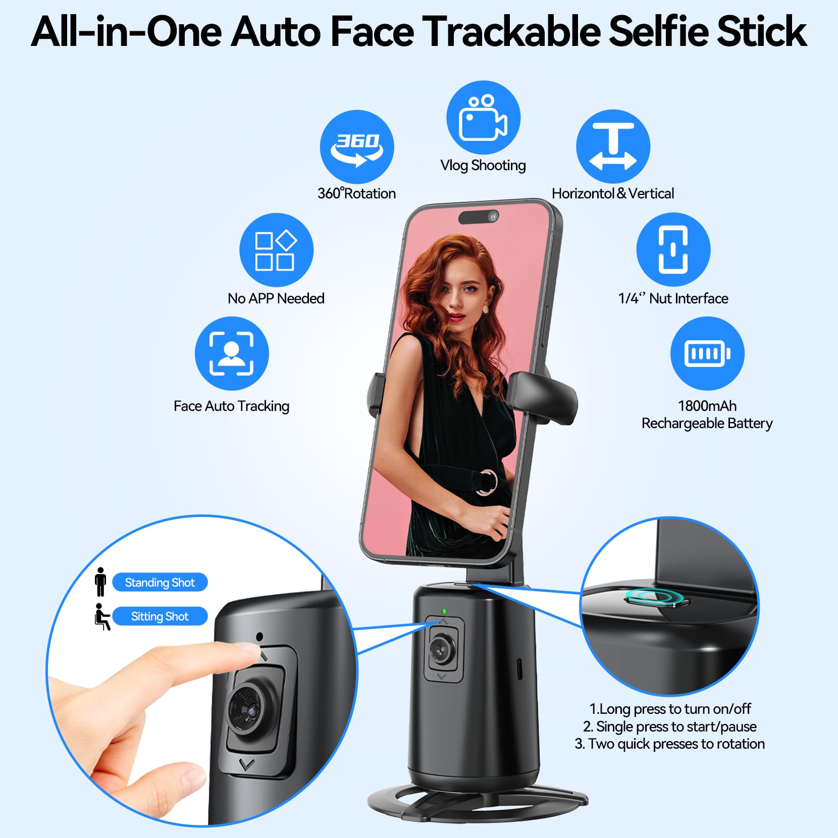 Urtry Auto Face Tracking Tripod, Magnetic Auto Face Tracking Phone Holder With 360° Rotation, No App Required, Portable Smart Body Shooting Camera Mount For Live Vlog, Video, Rechargeable Battery