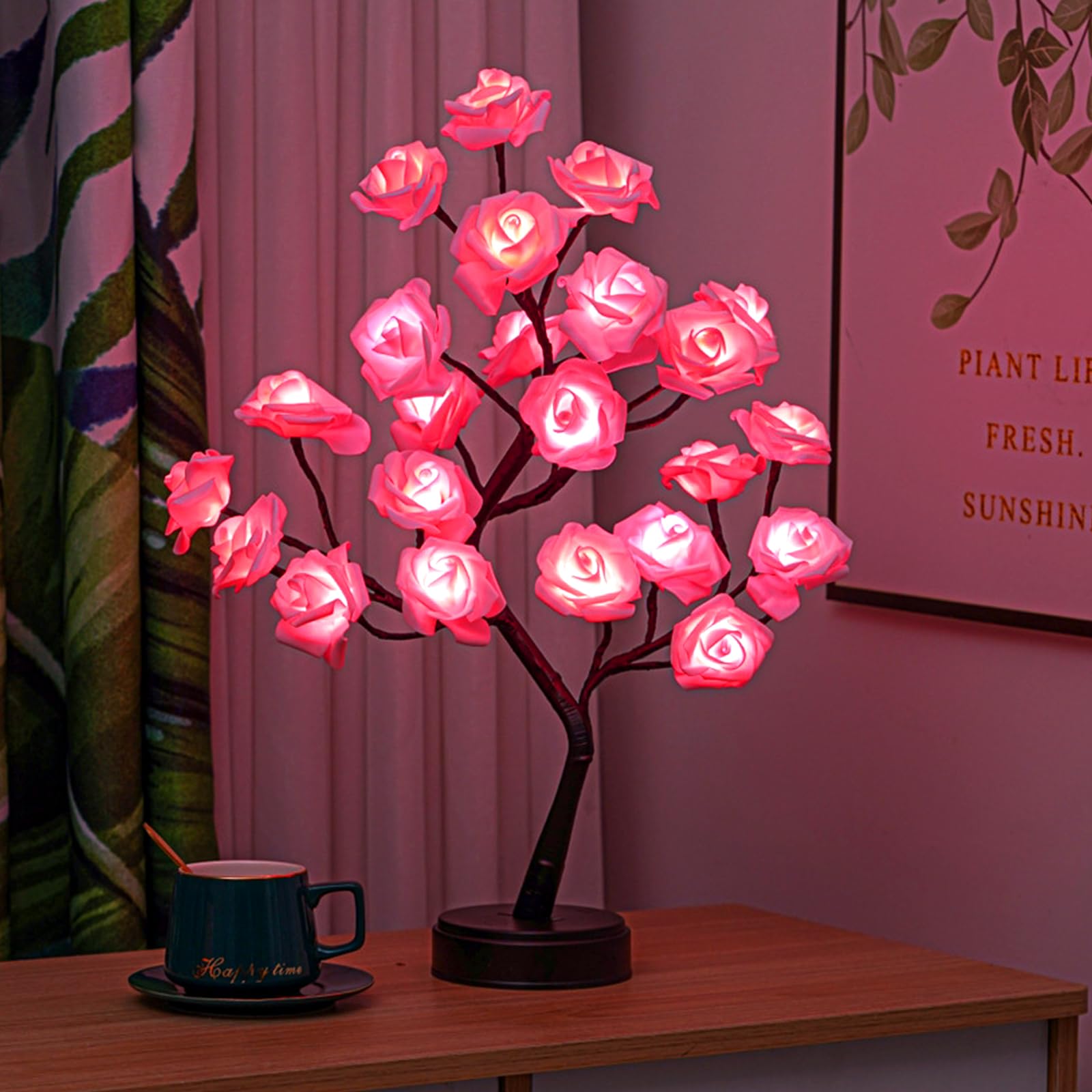 Bonlting Rose Flower Tree Lamp, Led Bedside Table Battery Powered Or Usb Adapter, Nightstand Light For Living Room, Bedroom, Office - For Mother'S Day Anniversary Birthday (Pink)