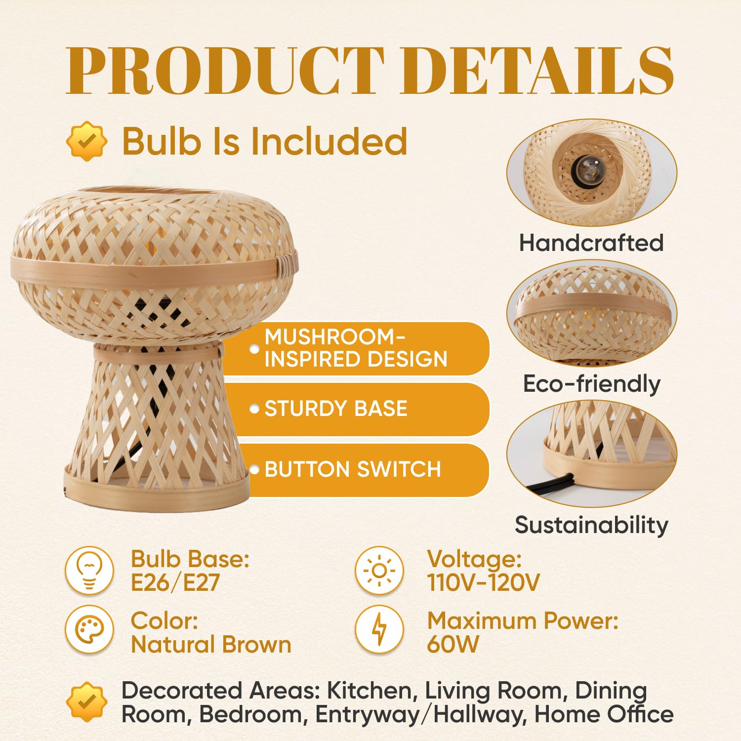 Journee Home Mushroom Rattan Dimmable Table Lamp - 8.6"X8.6" Handwoven Wicker Desk Lamp, Bulb Included, Beautiful Mushroom Shape, Durable, Easy Setup, Lighting For Bedroom, Desk, Home Office Decor