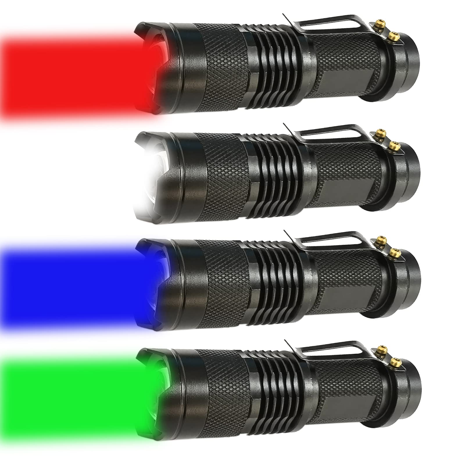 Xysrz Red Green Blue White Light Flashlight Single Mode Led Flashlight With Clip Zoomable Mini Flashlight For Hunting Camping Night Observation, 4 Pack