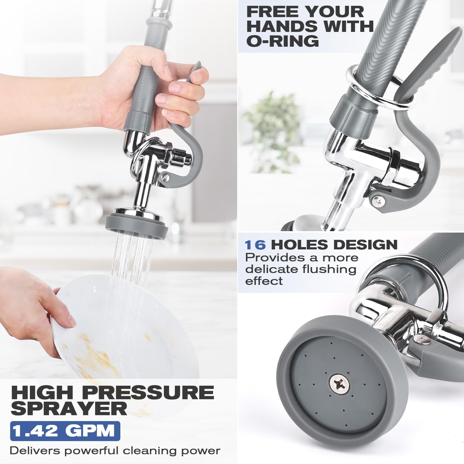 Pgkkle 25" Height Commercial Kitchen Faucet Wall Mount With Pre-Rinse Sprayer, 8 Inch Center Wall Mount Sink Faucet With 12" Swing Spout ，Commercial Sink Faucet For Commercial Restaurant Industrial Kitchen.