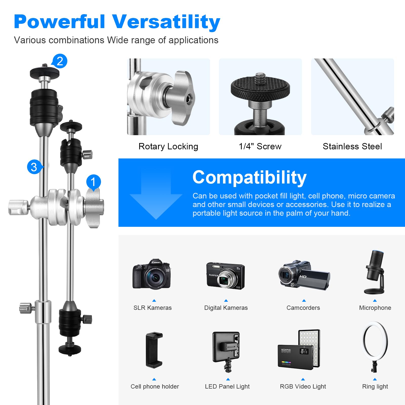 Supon 20" Mini Pocket C Stand, All-Metal Adjustable Small 20.8" C-Stand Short Tripod Stand With 13" Boom Arm Grip Head, 3 Ball Head, Sliding Leg For Camera, Smartphone, Light, Mic Photography - Silver