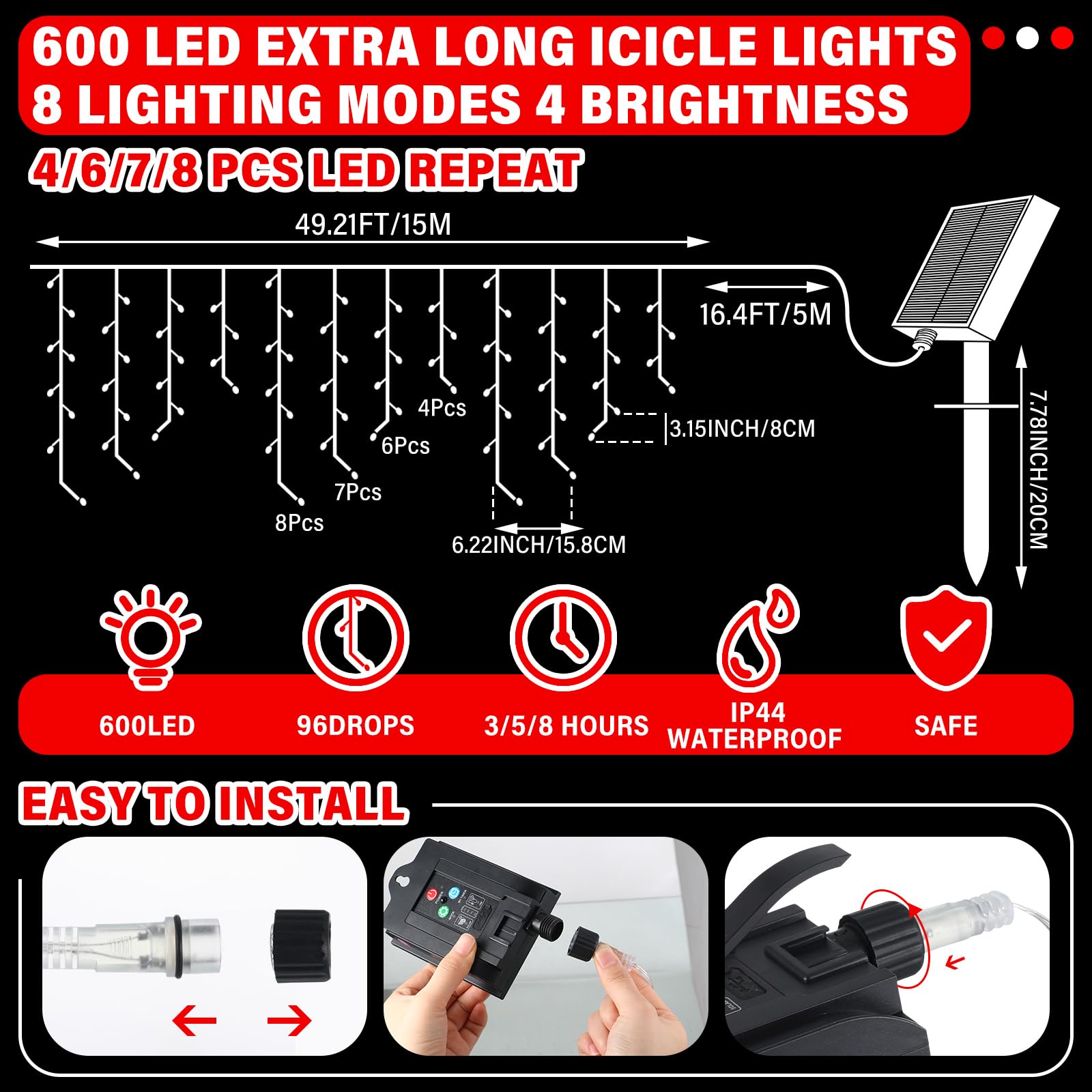 Retisee 65Ft Solar Icicle Light For Wedding Outdoor Waterproof Lamp Outside 600 Led Mother'S Day Solar Icicle String Light For Easter Outside Indoor Yard Porch Hanging Decor(White, Red)