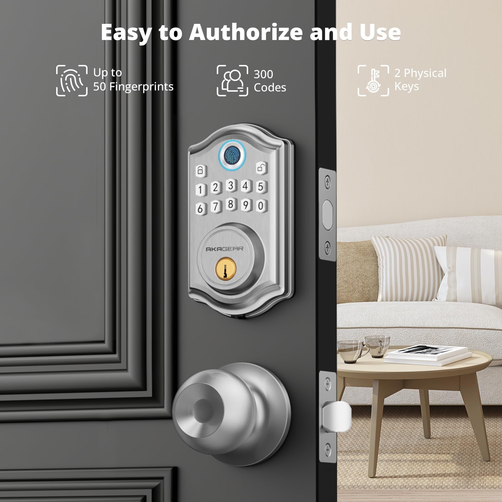 Akagear Keyless Entry Door Lock With Door Knob Handle, Fingerprint Door Locks, Electronic Smart Deadbolt, Keypad Door Lock With Code, Smart Locks For Front Doors, Auto-Lock & One Touch Locking