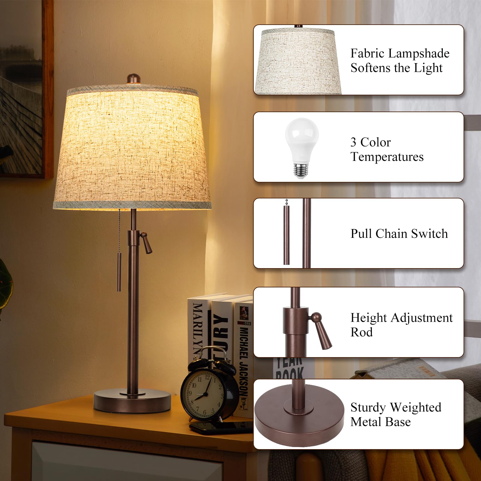 Junnai Table Lamps Set Of 2, 22" To 30"Adjustable Height Bedside Lamps For Living Room 3 Color Temperatures Tall Nightstand Lamps Modern Brown Table Lamp For Bedroom Office End Table (Bulbs Included)