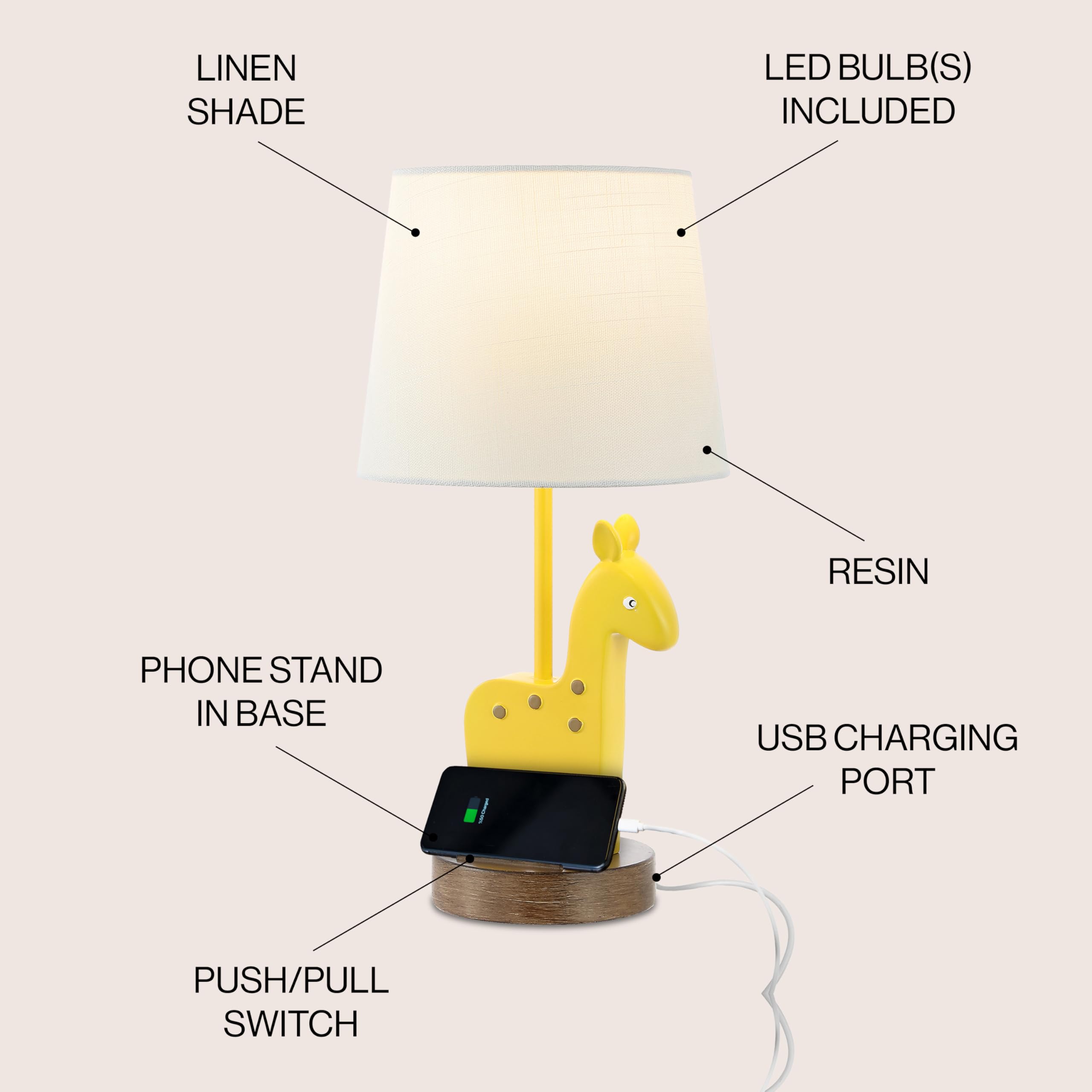 Jonathan Y Jyl6311A Sahara 17.5" Mid-Century Vintage Iron/Resin Giraffe Led Kids' Table Lamp With Phone Stand And Usb Charging Port Eclectic, Vintage, Coastal, Classic, Living Room, Bedroom, Yellow