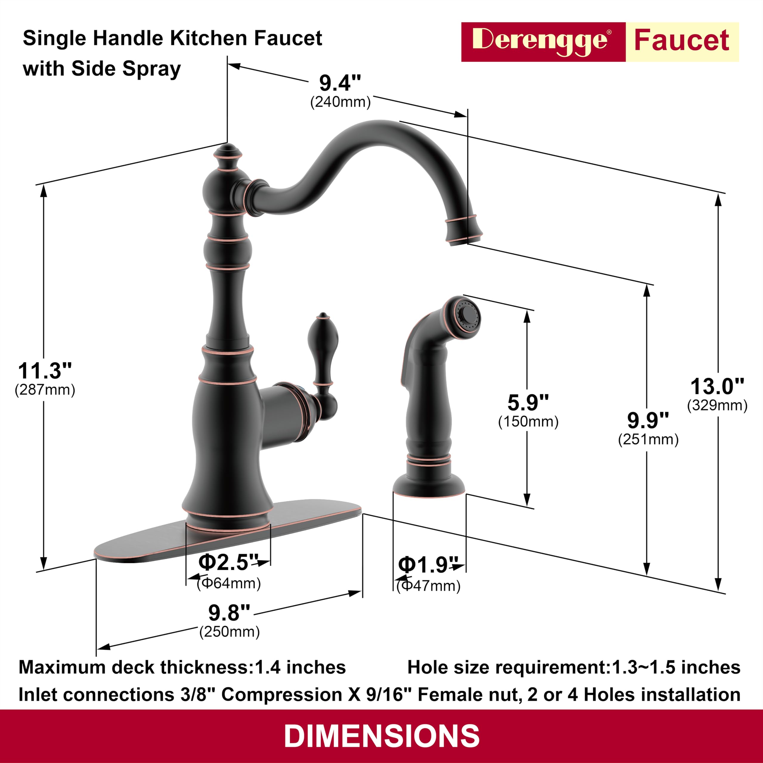 Derengge Oil Rubbed Bronze Kitchen Faucet With Side Spray, 8 Inch Single Handle Kitchen Sink Faucet With Deck Plate,2 Hole Or 4 Hole Installation,Clastic Style,Kf-6832Tb-Orb