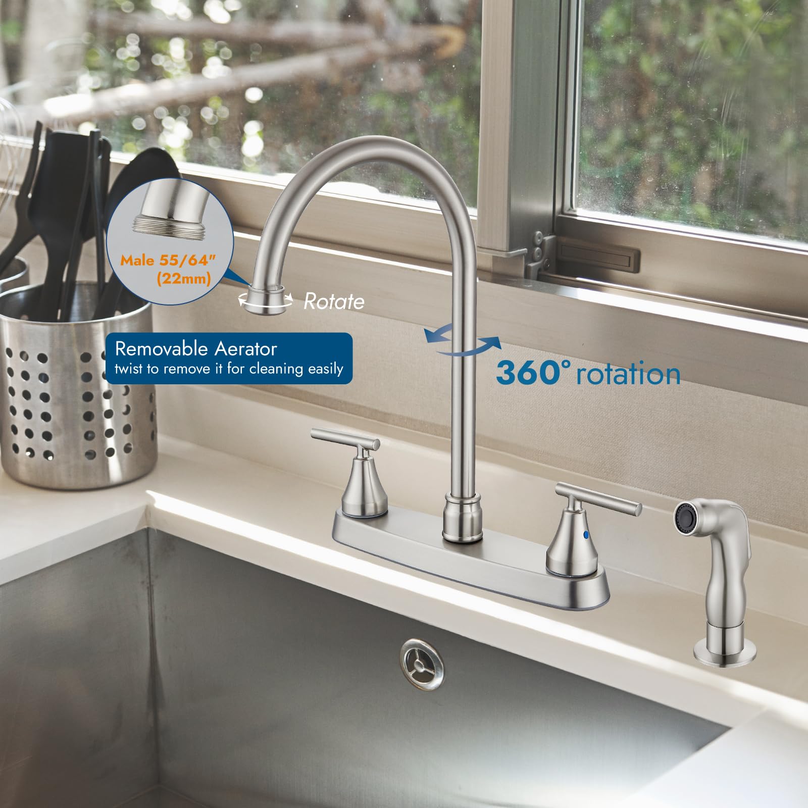 Cinwiny 2 Handle Kitchen Faucets Deck Mounted 3 Hole 8 Inch Rv Kitchen Sink Faucet High Arc 360° Rotating Spout Mixer Tap, Brushed Nickel, With Side Sprayer