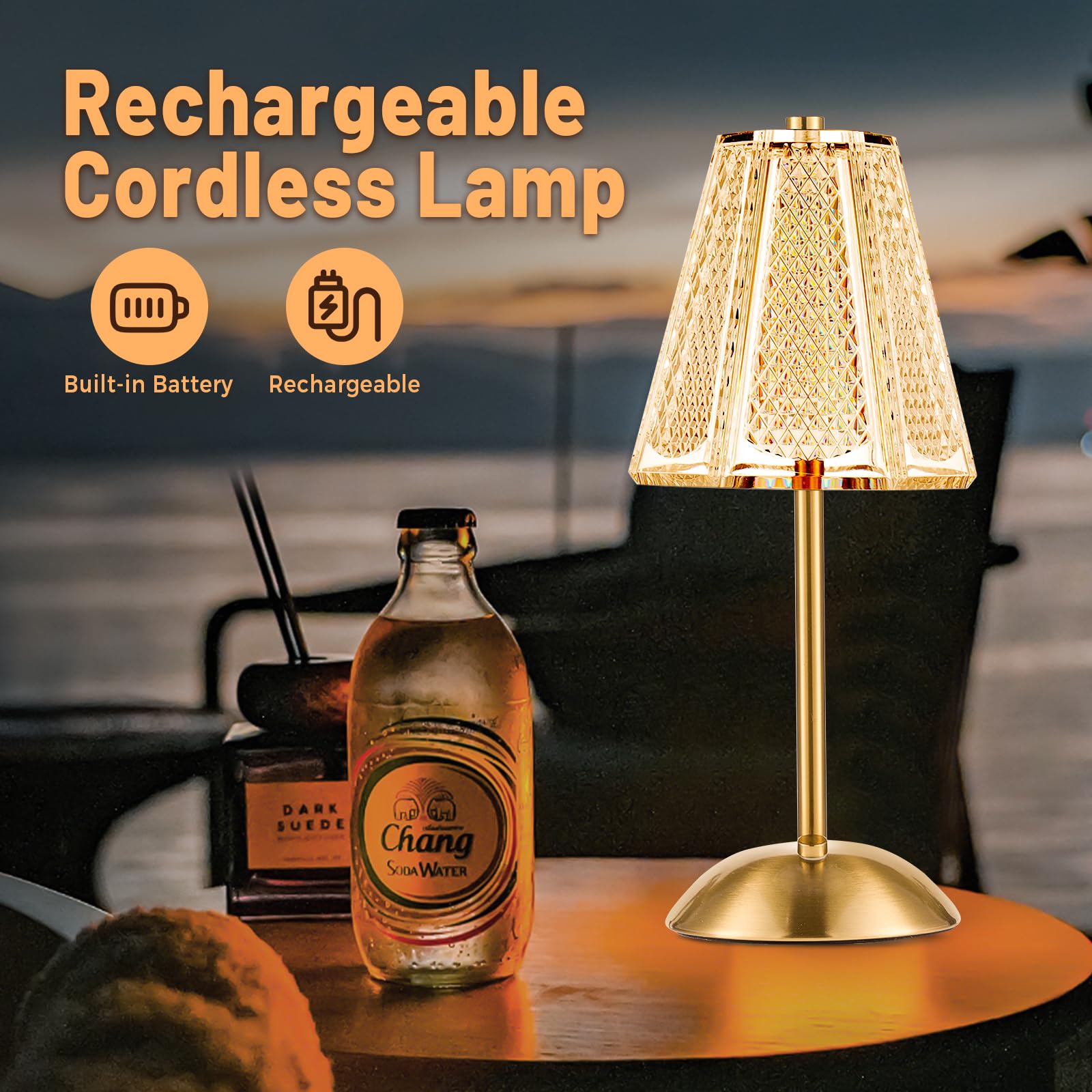 Hapygi Portable Battery Operated Led Table Lamp With Touch Sensor, Gold Cordless Brass Rechargeable Bedside Lamp/Night Light/Restaurant Table/Outdoor/Coffee/Bar