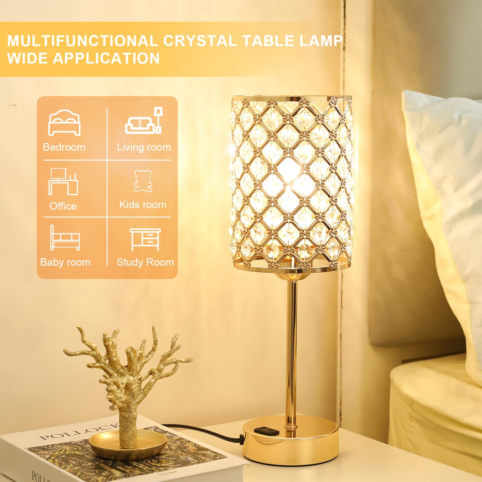 Hong-In Gold Lamp For Nightstand-Crystal Table Lamp With Usb-C+A & Ac Charging Ports, 3-Way Dimmable Nightstand Touch Lamp, Bedside Desk Lamp For Bedroom Living Room Home