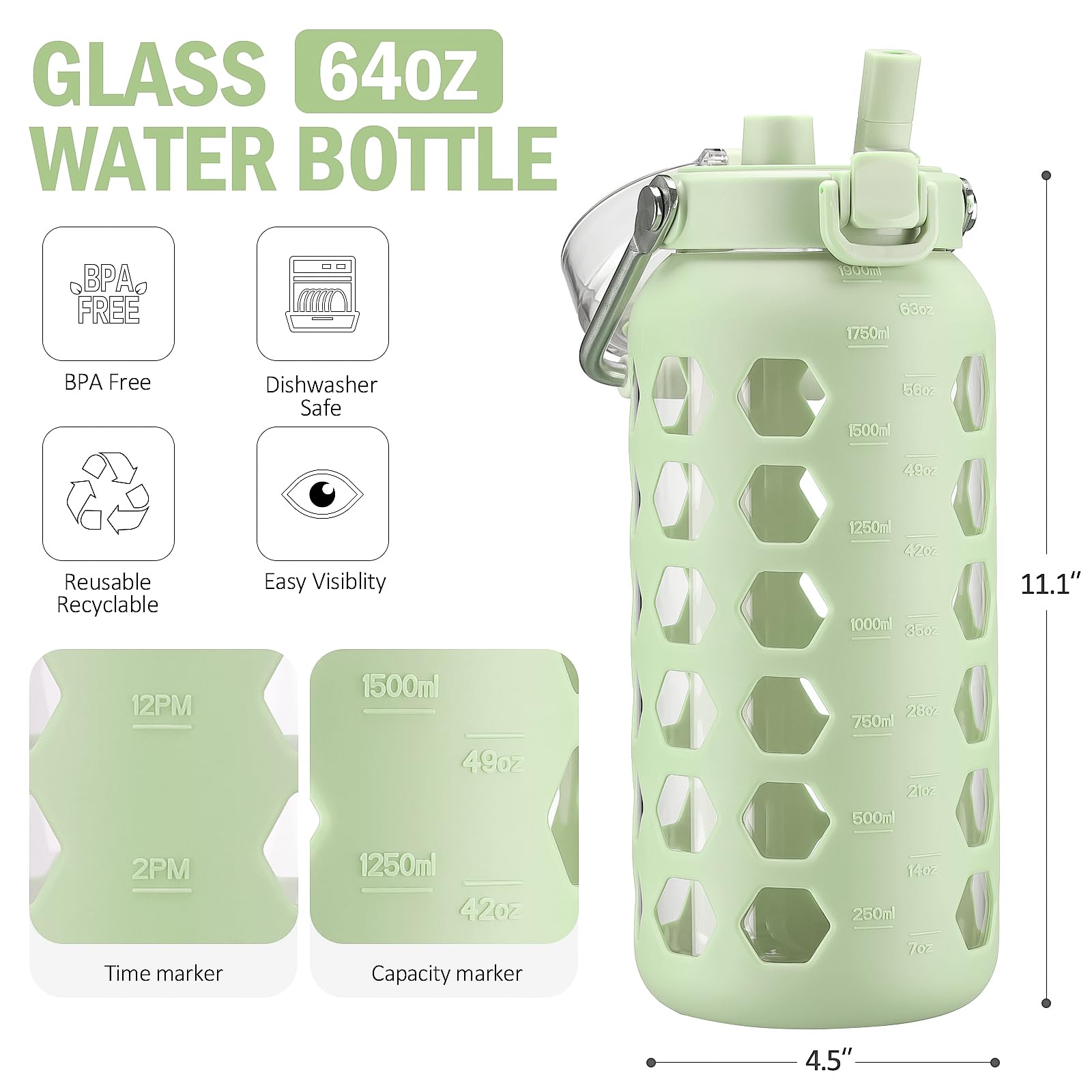 Mukoko 64Oz Glass Water Bottles With Straw And Lid,Half Gallon Water Bottle With Time Marker