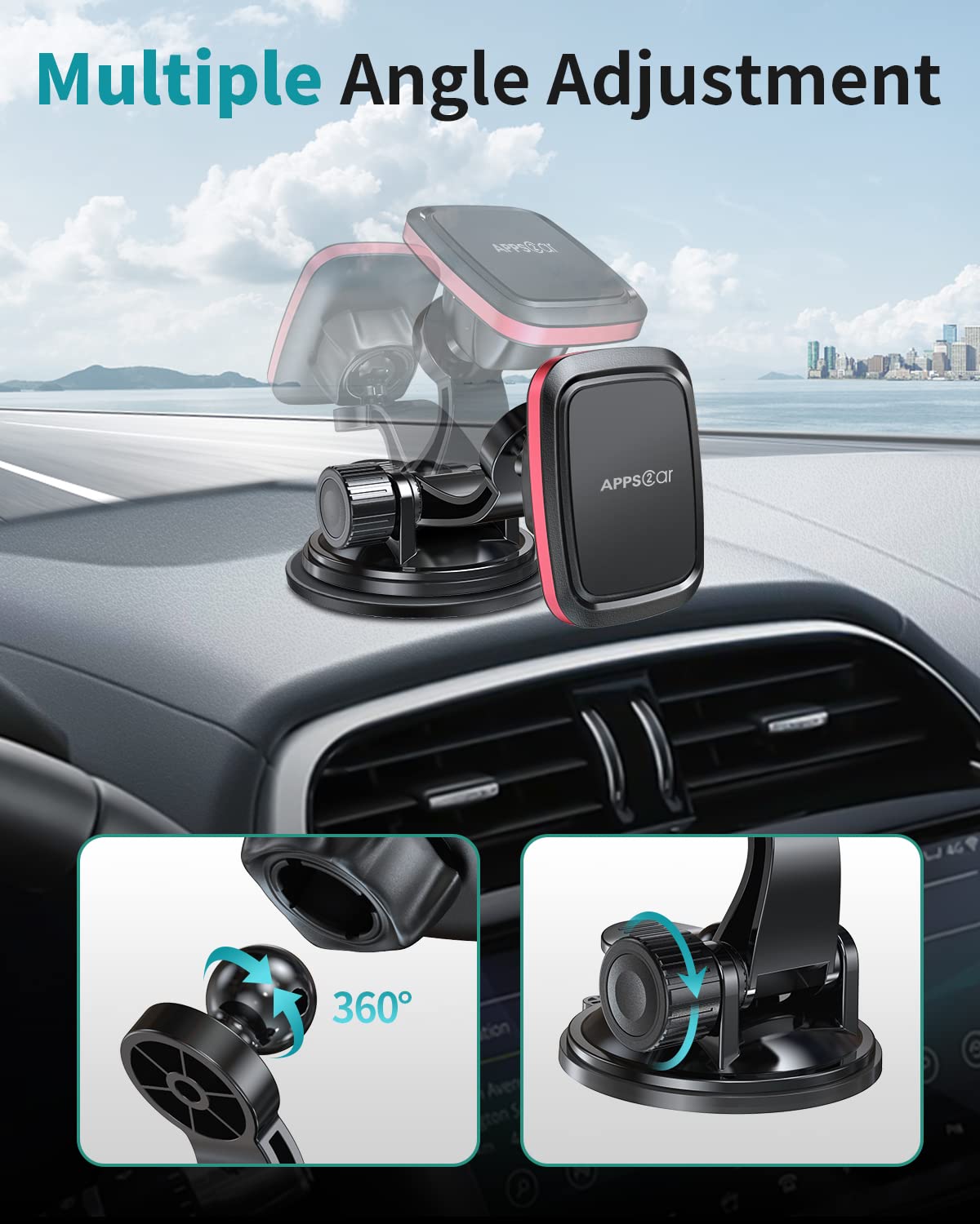 Apps2Car Magnetic Car Phone Mount With Adjustable Arm & 6 Strong Magnets Universal Dashboard Windshield Cell Phone Holder Compatible With All Smartphones