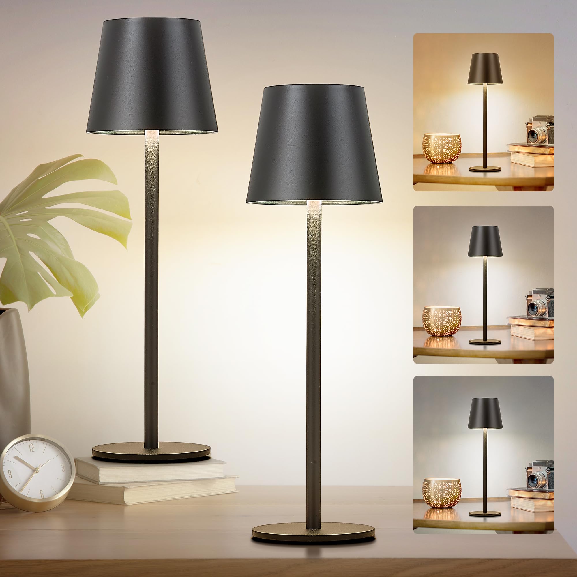 Faithorse 2Pack Cordless Table Lamp, 5200Mah Rechargeable Led Touch Lamp, 3 Color Stepless Dimming Up, Portable Battery Operated Desk Lamp For Living Room/Outdoor Bistro/Brunch Café (Black)