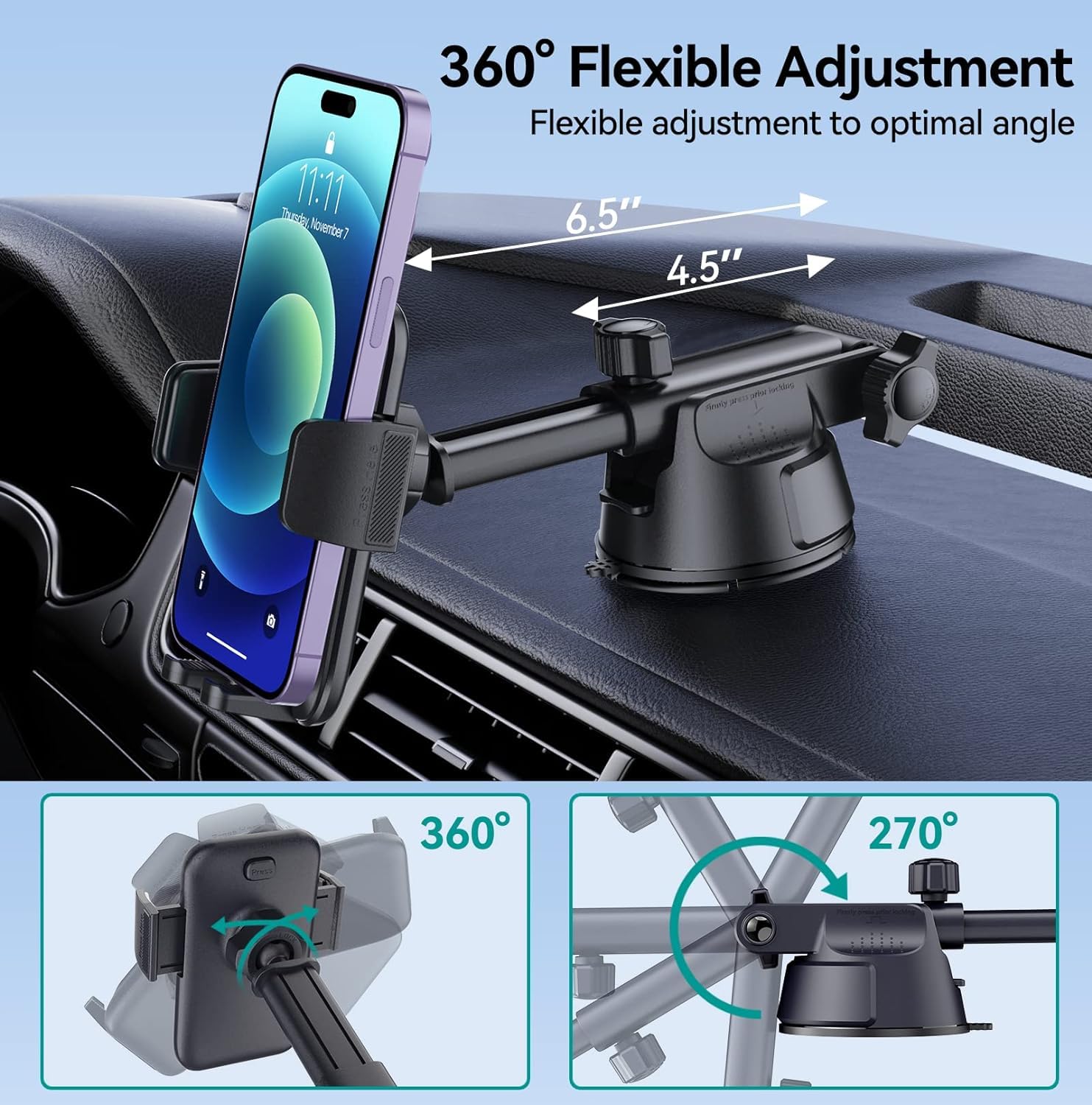 Dolyofg Car Phone Holder Mount, [Military-Grade Suction & Super Sturdy Base] 3 In 1 Universal Phone Mount For Car Dashboard Windshield Air Vent Car Mount For Iphone Android Smartphone Gps Navigator