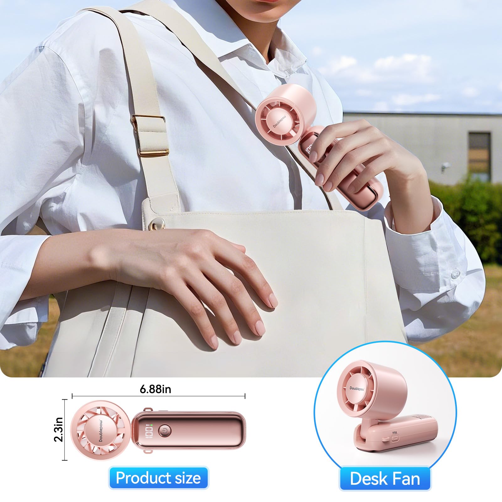 Ausic misting fan, portable and rechargeable, perfect for outdoor cooling and camping with battery operation