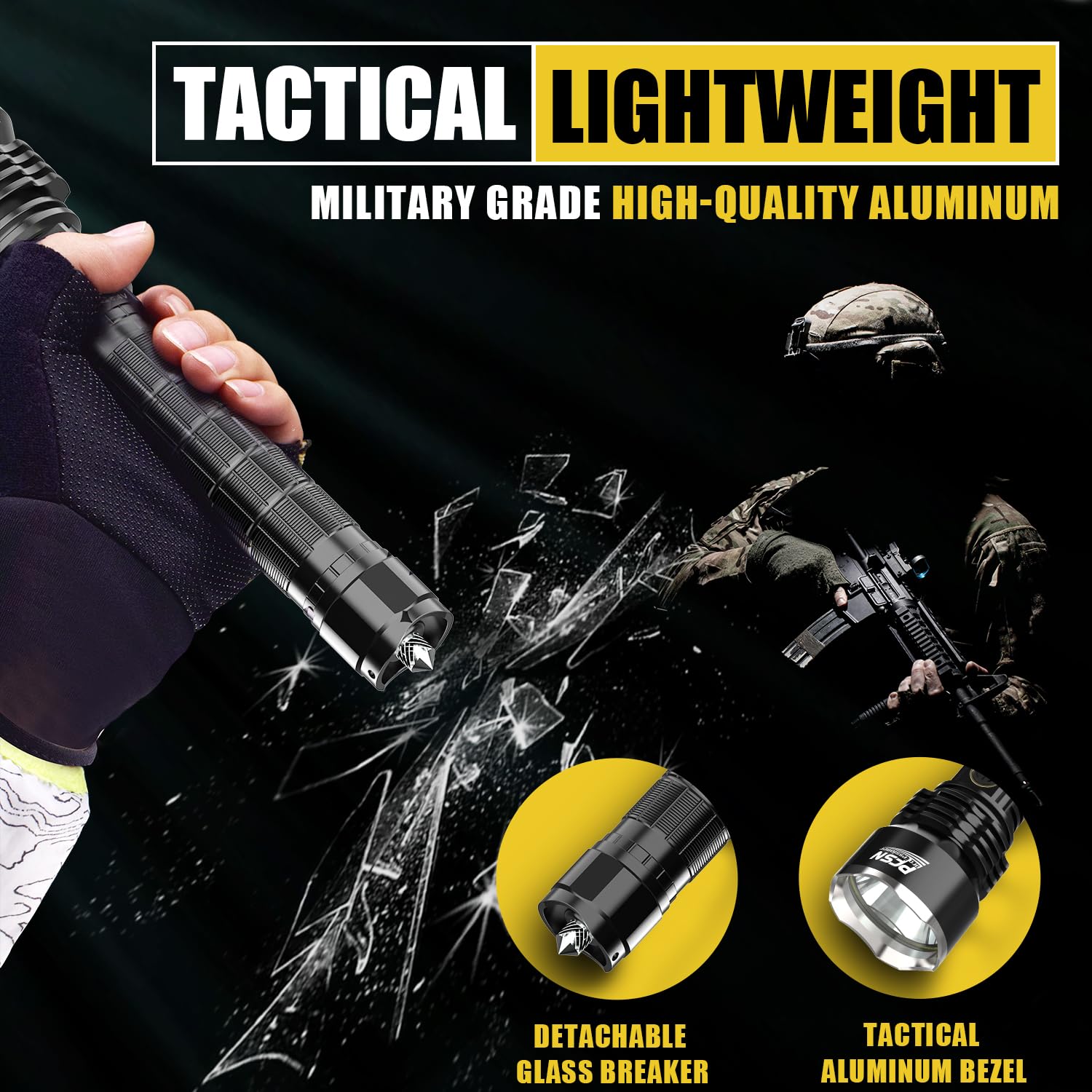 Pfsn Professioner Brightest Rechargeable Flashlights High Lumens - Pfsn 6000Lm Super Bright Tactical Flashlight Ipx65 Waterproof, 400M Long Range, 20Hrs Long Lasting Best Powerful Led Torch Battery Powered Flash Light