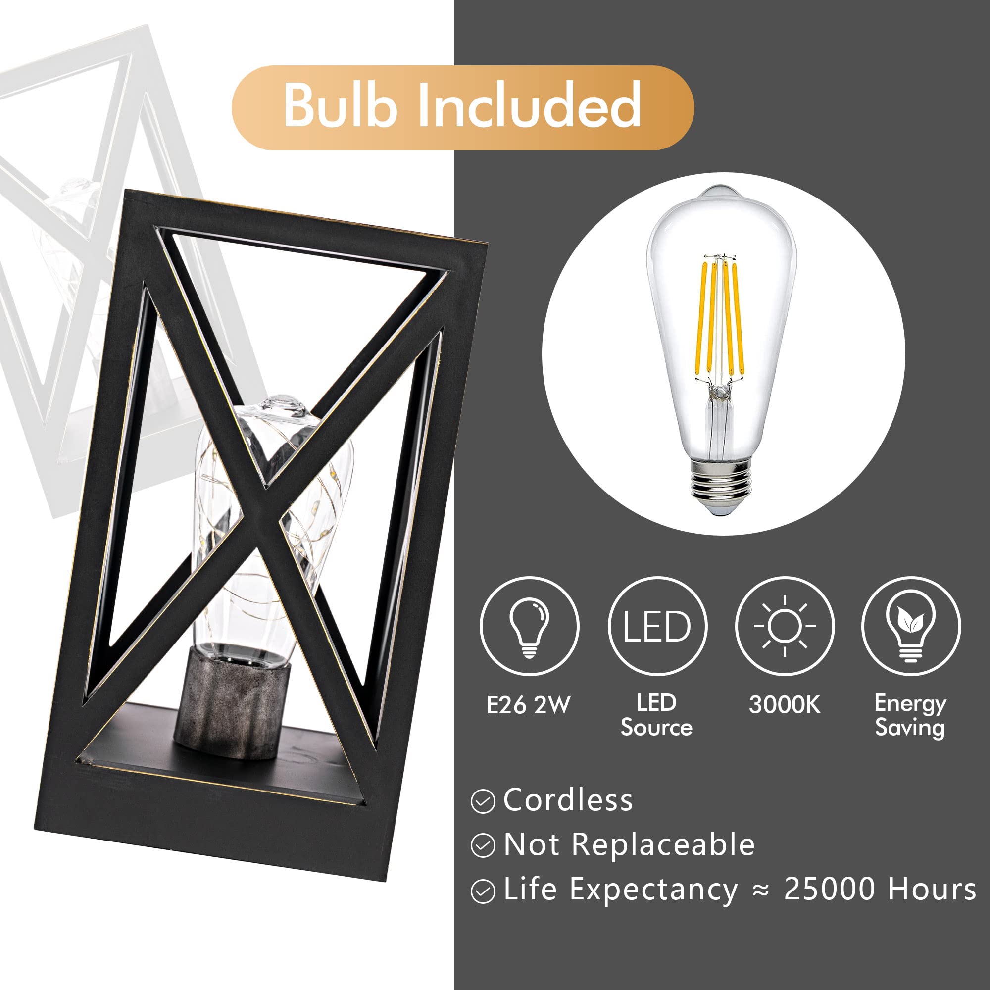 Wingbo 2 Pack Retro Battery Powered Table Lamps, Battery Operated Cordless Lamp Set, Portable Nightlight Decorative Light For Living Room Dining Room Bedroom Entryway Patio Backyard, Black Finish