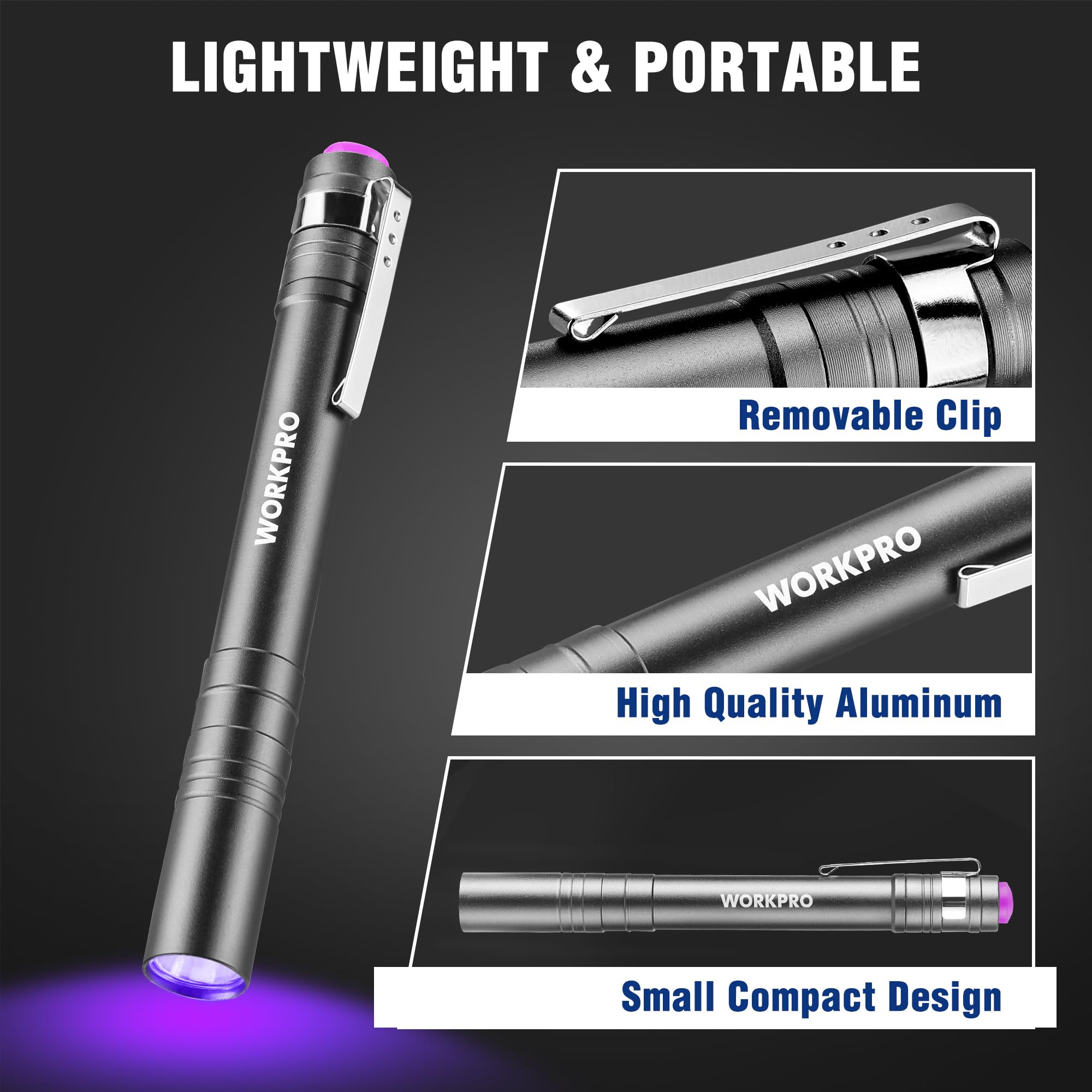 Workpro Uv Black Light Flashlight, 2-Pack 365Nm Uv Pen Light With Clip, Mini Ultraviolet Flashlight For Leak, Pet Urine, Scorpion, Hotel Inspection, Dry Stain And Bed Bug