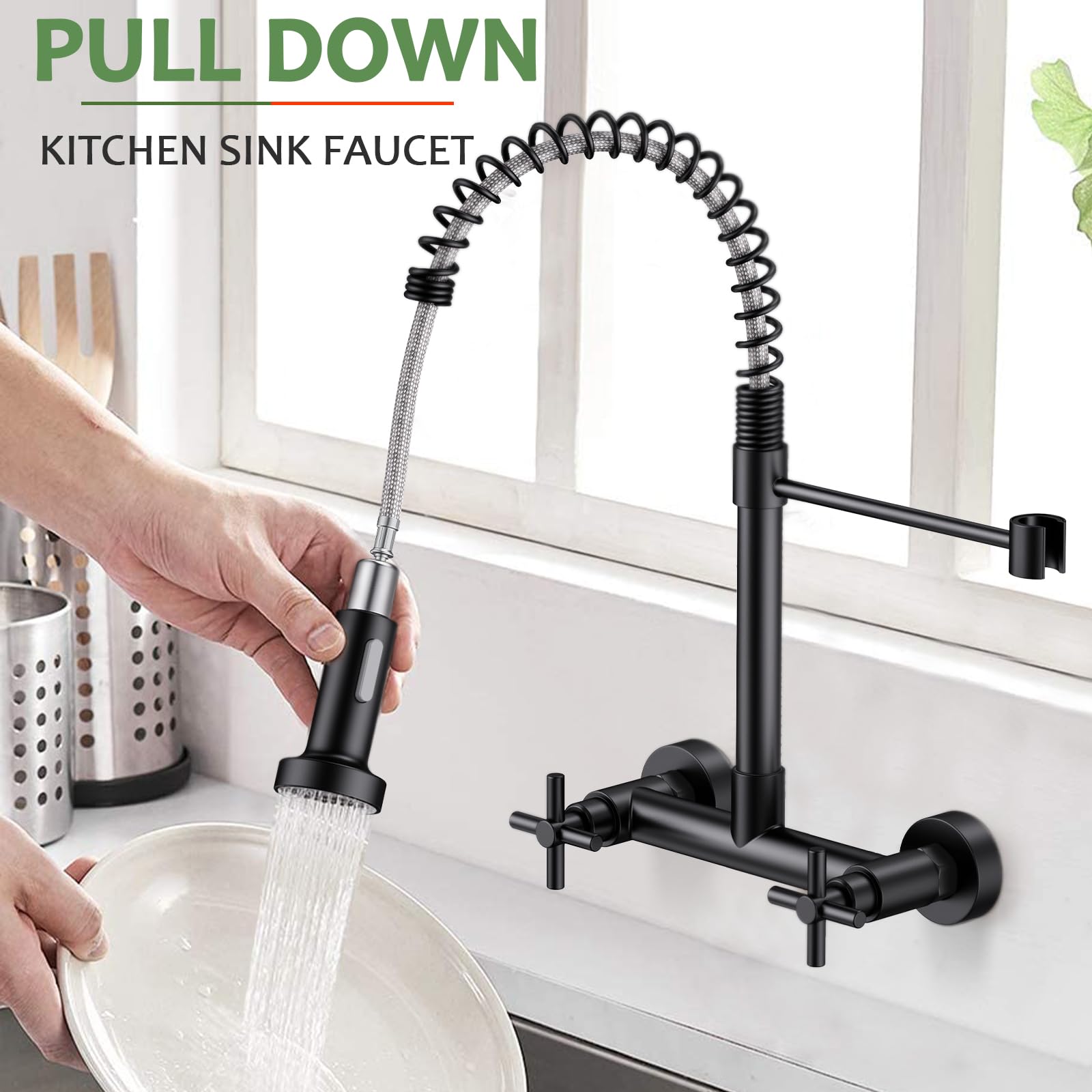 Hurran Wall Mount Kitchen Faucet, Matte Black Kitchen Sink Faucet, 8 Inch 2 Handle Wall Mount Commercial Sink Faucet With Pull Down Sprayer For Kitchen Laundry Room Restaurant