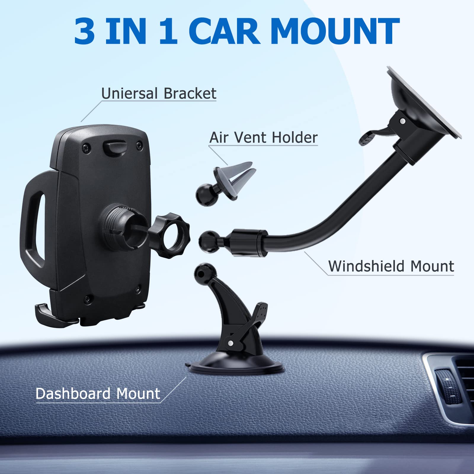Vansky Car Phone Holder Mount, 3-In-1 Universal Cell Phone Holder Car Air Vent Holder Dashboard Mount Windshield Mount Fit For Iphone 16 15 14 13 Pro Max, Samsung S24 S23 Lg Sony And More