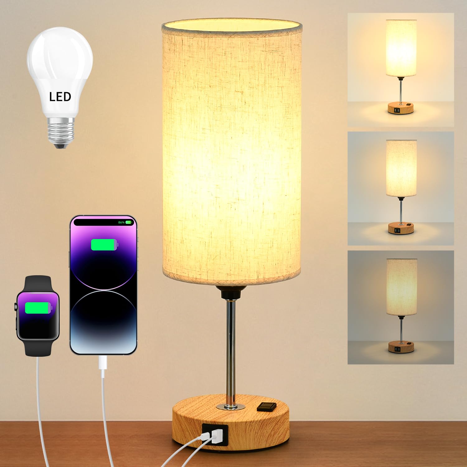 Xiaobei Bedside Table Lamp With Usb C Port - Touch Control For Bedroom Wood 3 Way Dimmable Nightstand Lamp With Round Flaxen Fabric Shade For Living Room, Dorm, Home Office, Led Bulb Included