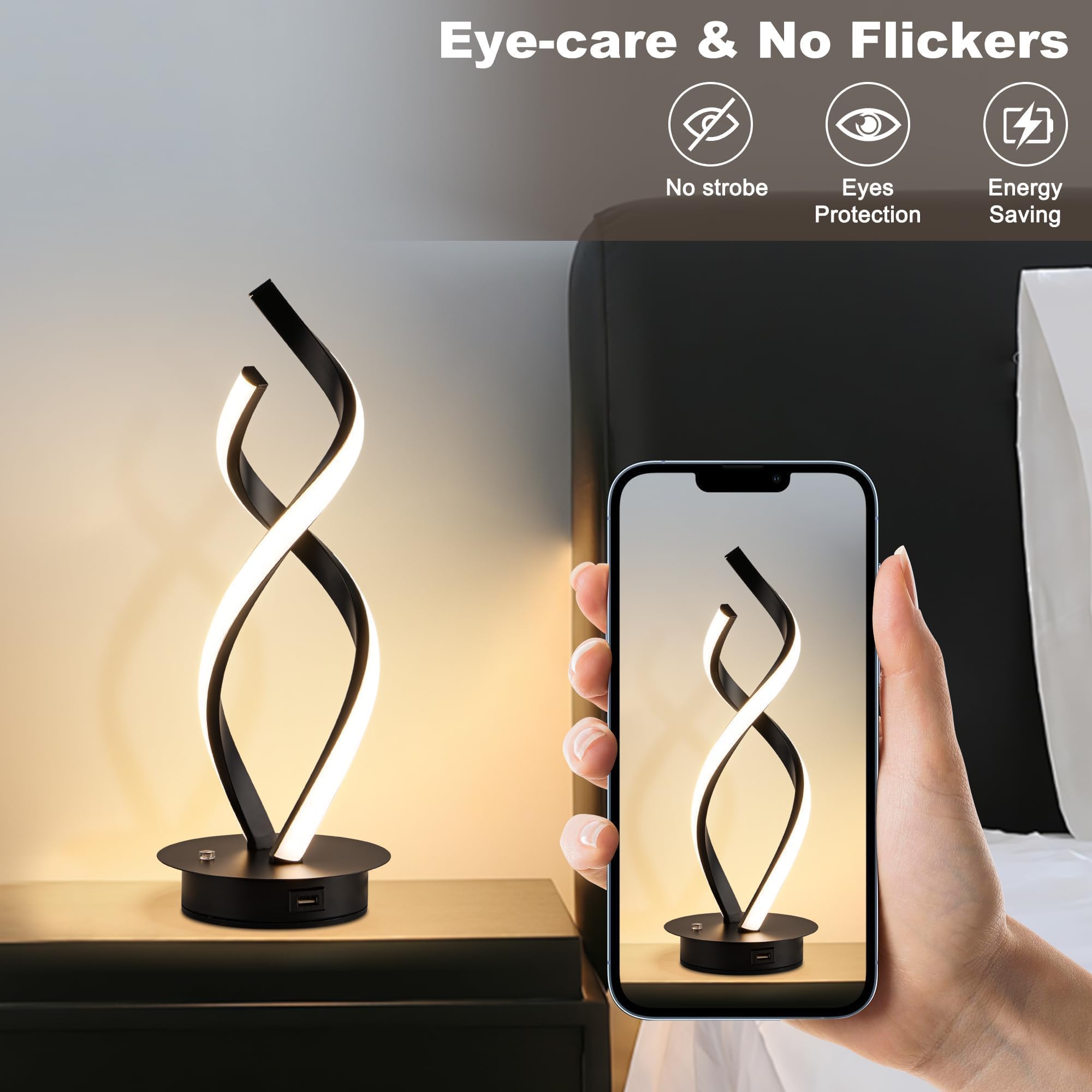 Adebime Modern Spiral Touch Lamp - Warm White Led Nightstand Light, Adjustable Brightness For Home And Office, Black