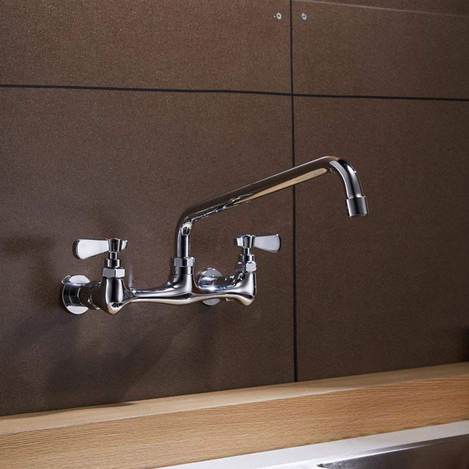 Bathfinesse Commercial Kitchen Faucet Wall Mount With 8 Inch Swivel Spout 8" Center Sink 2-Handle Faucet Mixer Tap Polish Chrome,4353
