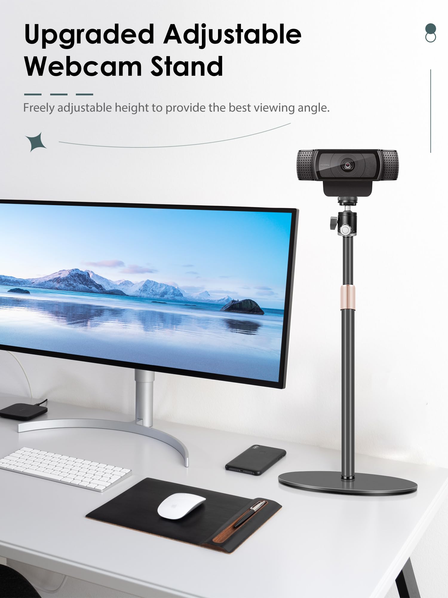 Borenbuir Webcam Stand For Desk, 23.8'' Height Adjustable,Webcam Tripod Mount Desktop For Logitech Brio 4K C922 C930E C920S C920 C960 C920X Phone And Other Devices With 1/4" Thread
