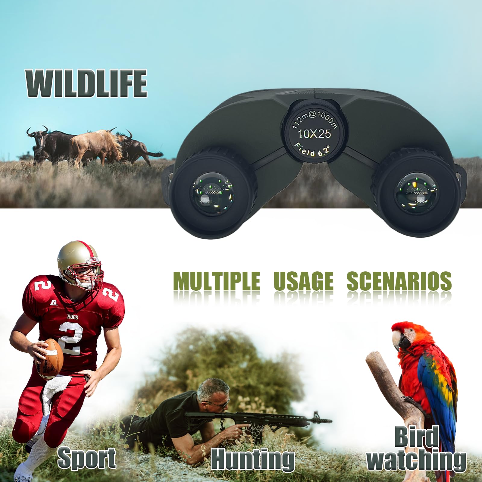 Hidegazer High Powered Binoculars For Adults And Kids，10X25 Compact Binoculars For Bird Watching - Easy Focus Binoculars With Large Eyepiece For Hunting,Travel,Hiking And Sport Games (Olive)