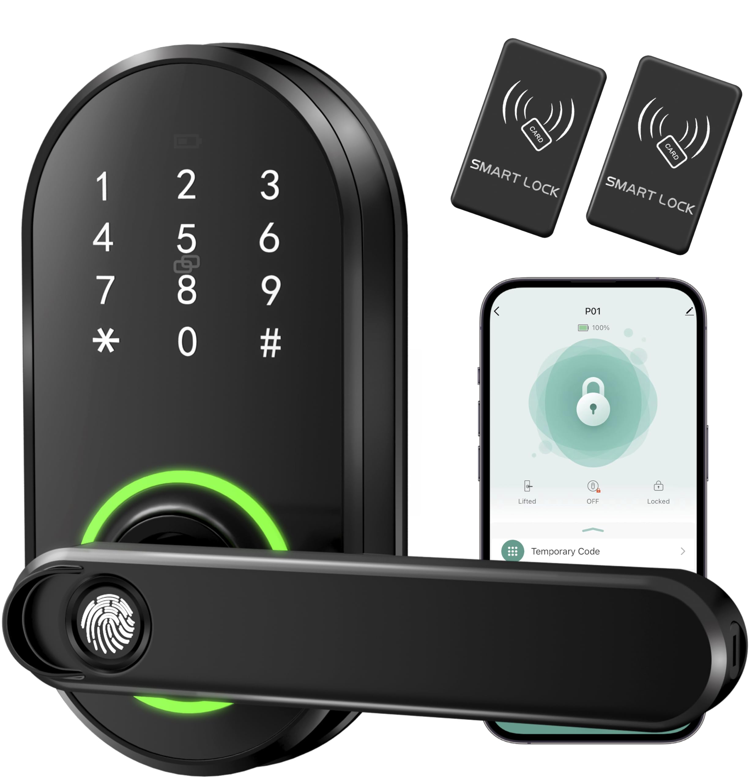 Ibicletas Smart Keypad Door Lock With Handle, Keyless Entry Digital Door Lock For Front Door, Fingerprint Electronic Door Knob With App, Security Lever For Bedrooms, Apartment, Local Data Storage, Black