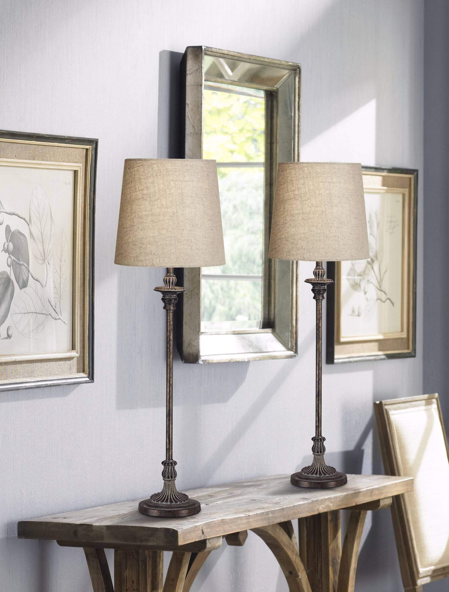 Regency Hill Bentley Traditional French Country Buffet Table Lamp 31.5" Tall Skinny Rustic Weathered Distressed Brown Linen Fabric Tapered Drum Shade Decor For Living Room House Entryway
