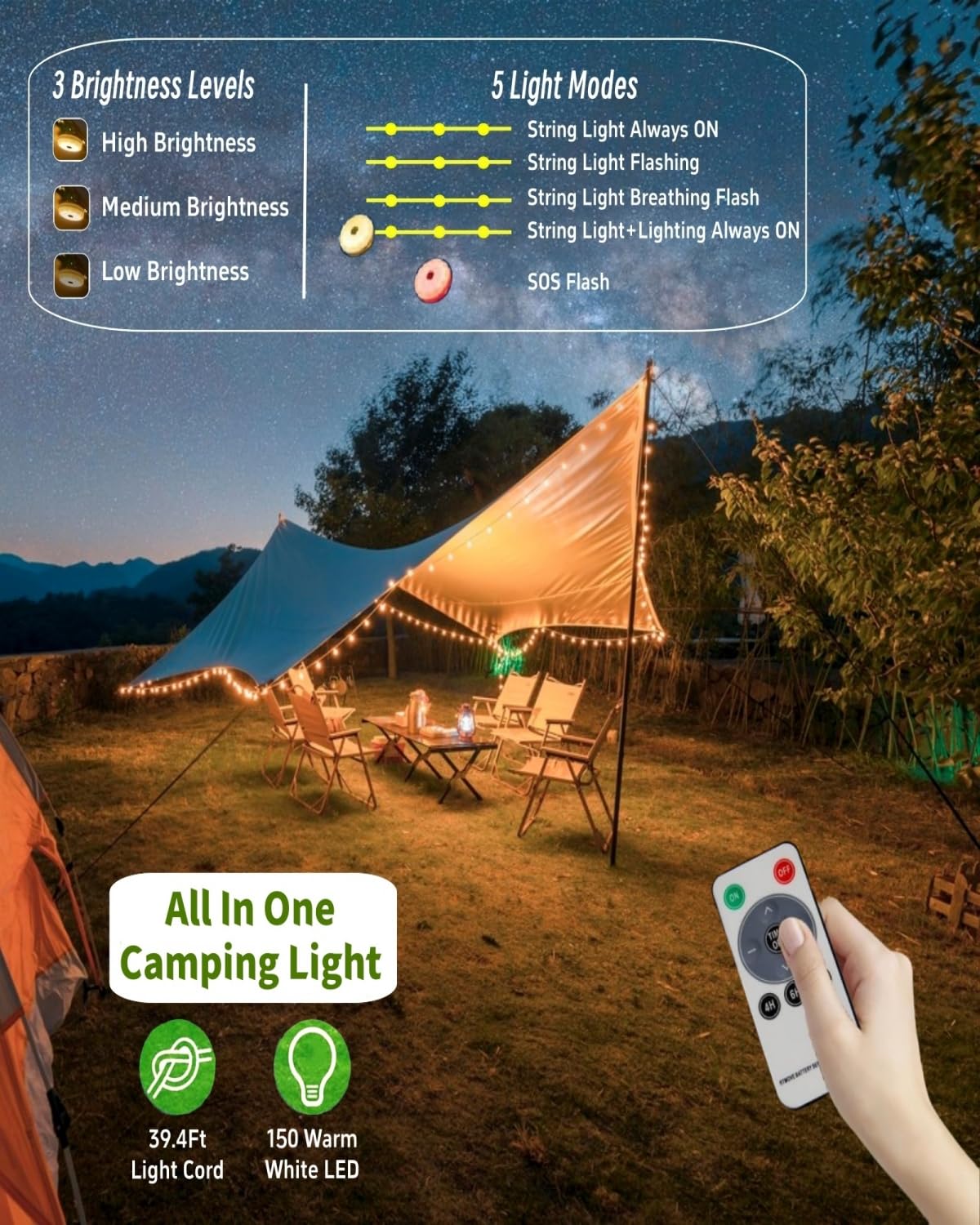 Tuopulife Solar Camping String Lights, 39.4Ft Fairy String Lights 150Leds, Portable Waterproof Camping Lamp With 8 Lighting Modes, Hanging Rechargeable Tent Lantern For Awning Garden Party Decor-Remote Control
