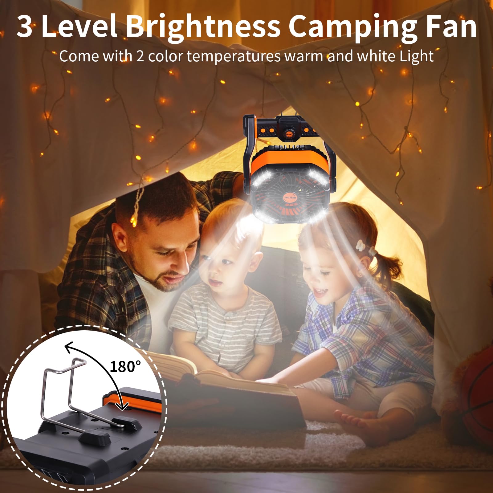 Rechargeable fan with long battery life perfect for camping, picnics, and outdoor fun