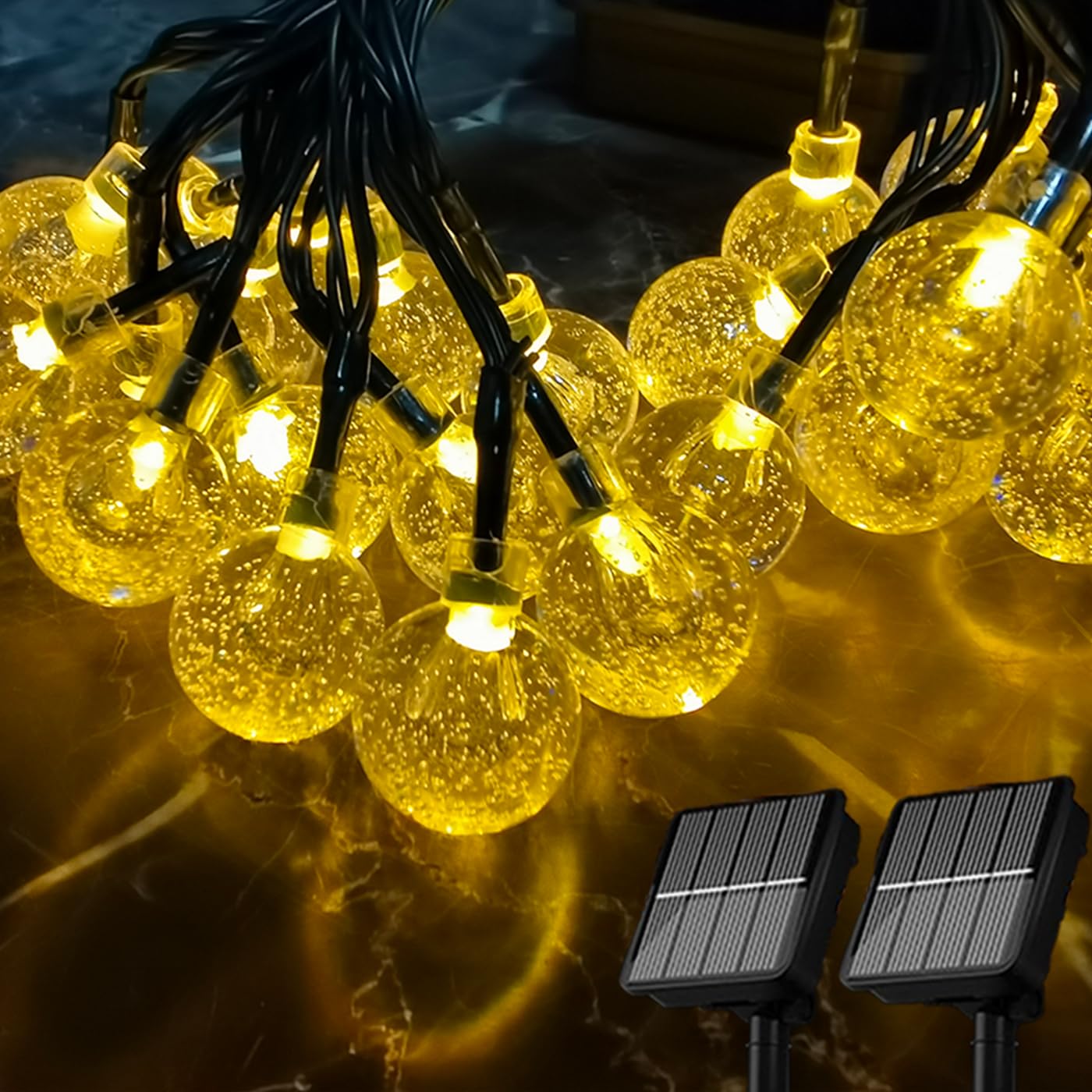 Hbwonfur Solar String Lights Outdoor, 2 Pack Total 42Ft 60 Led Crystal Ball Waterproof Solar Powered Globe Lights For Garden, Lawn, Gazebo, Porch, Yard, Wedding, Outdoor Decorations (Warm White)