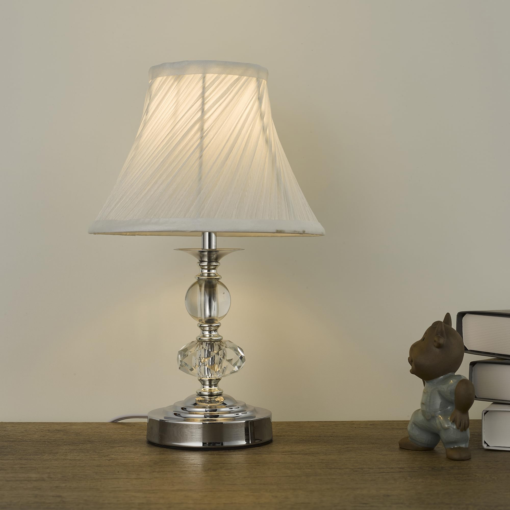 Sylw Small Modern Crystal Bedside Table Lamp, 7 X 7 X 12 Inch Electroplaetd Silver Base Table Lamp For Bedrooms And Office (White Pleated Bell Shape Shade)
