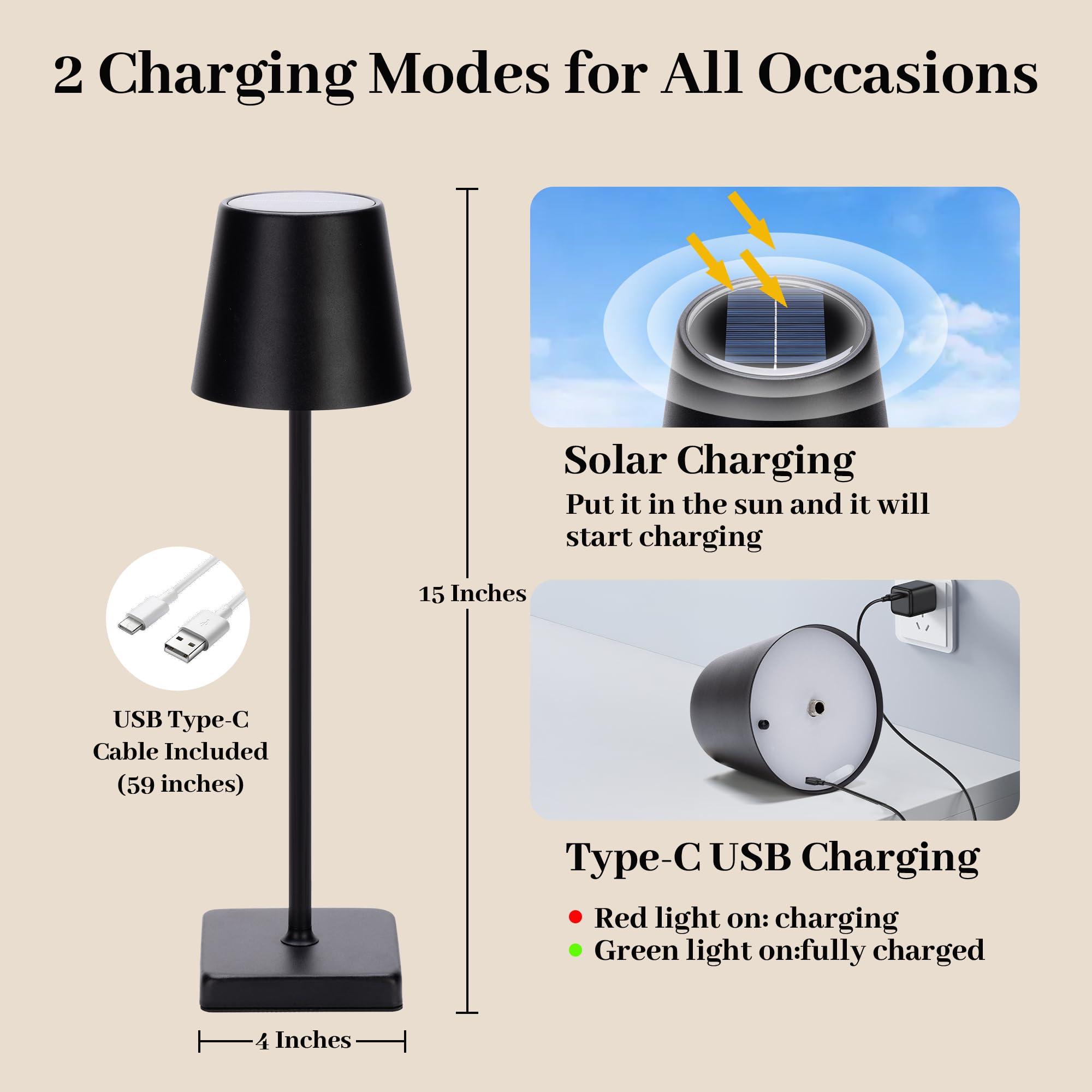 Livinlarge 2 Pack Cordless Table Lamps,Rechargeable Outdoor Solar Led Lamp,Portable Usb Desk Lamp Waterproof,2000Mah Battery Operated,Touch Stepless Dimming Light For Bedroom,Restaurants,Patio,Camping,Black