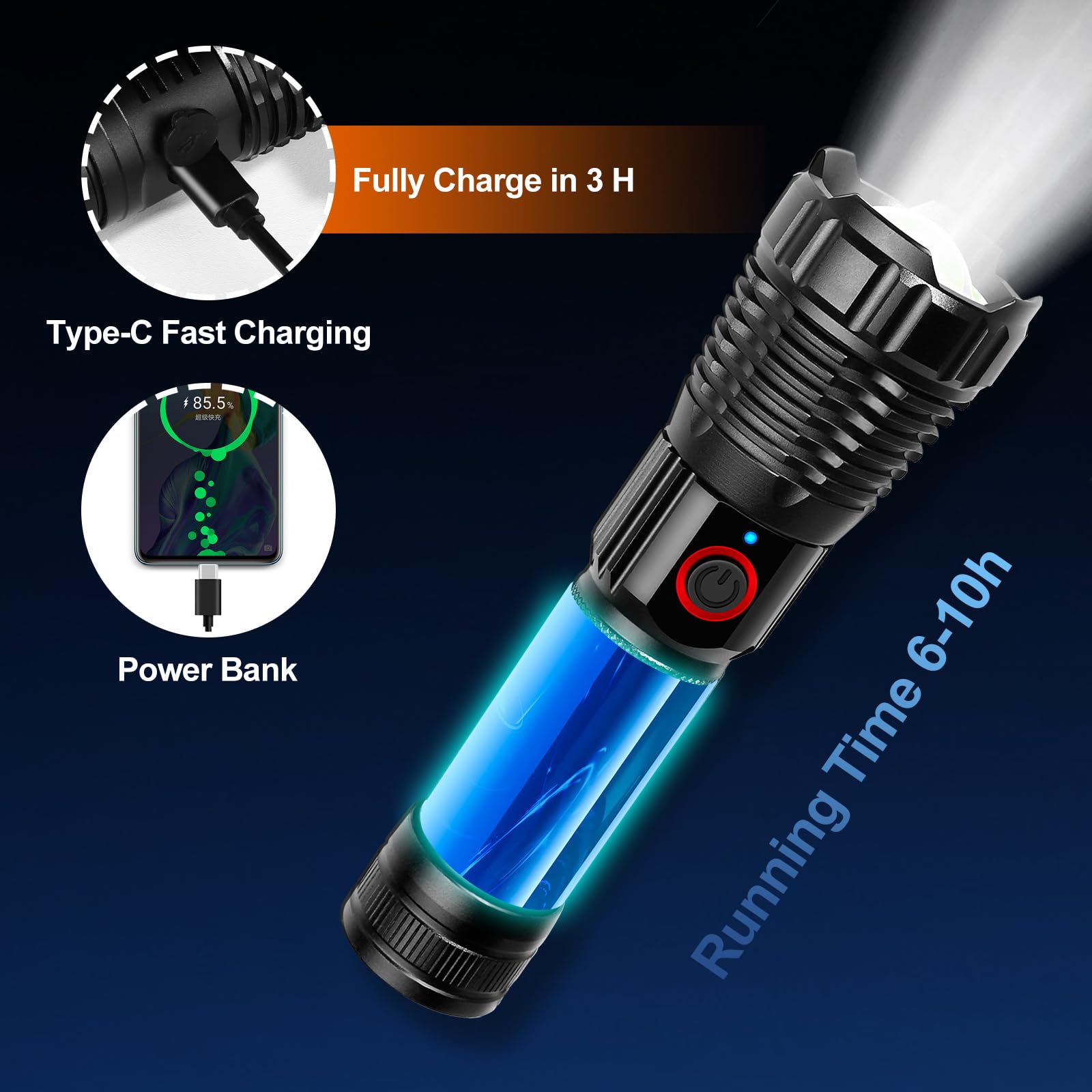 Grace Marci Super Bright Rechargeable Flashlights, High Lumen 500000 Lumens, Led Flashlight With 5 Modes, Ip55 Waterproof, Powerful Handheld Light For Camping, Hiking, Emergency