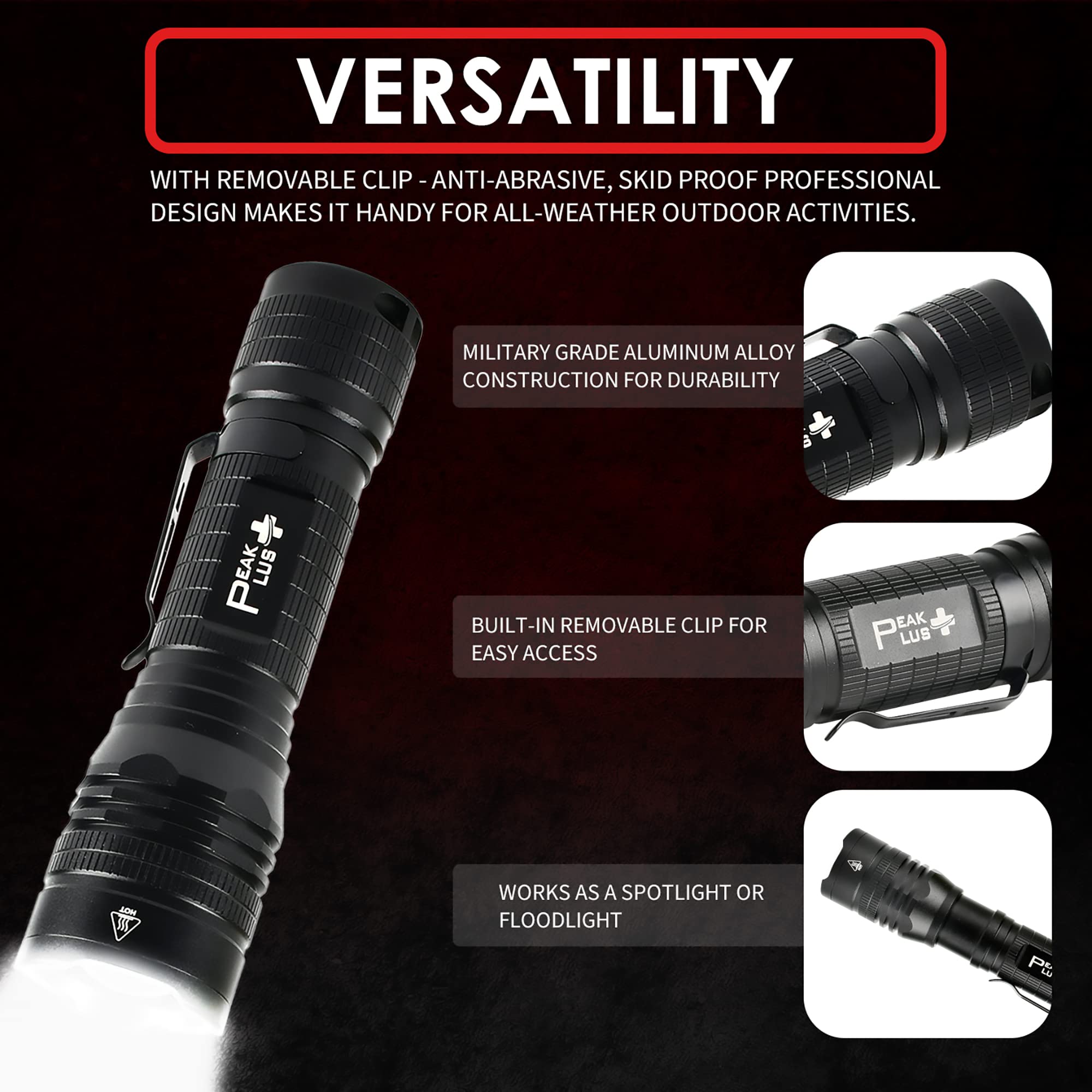 Peakplus Led Tactical Flashlight Ptac1000 [2 Pack] - Single Mode, High Lumen, Zoomable, Water Resistant, Flash Light - Camping, Outdoor, Emergency, Everyday Flashlights With Clip