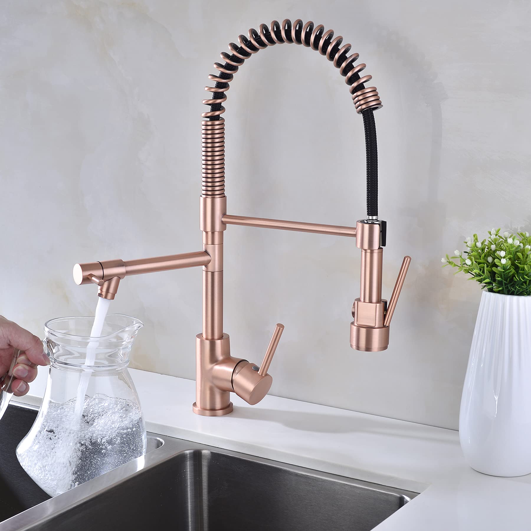 Avola Classical Copper Kitchen Faucet With Pull Down Sprayer, Rose Gold Kitchen Sink Faucet With Pot Filler Single Handle Commercial Brass Tap For Bar Laundry Rv Utility Sink