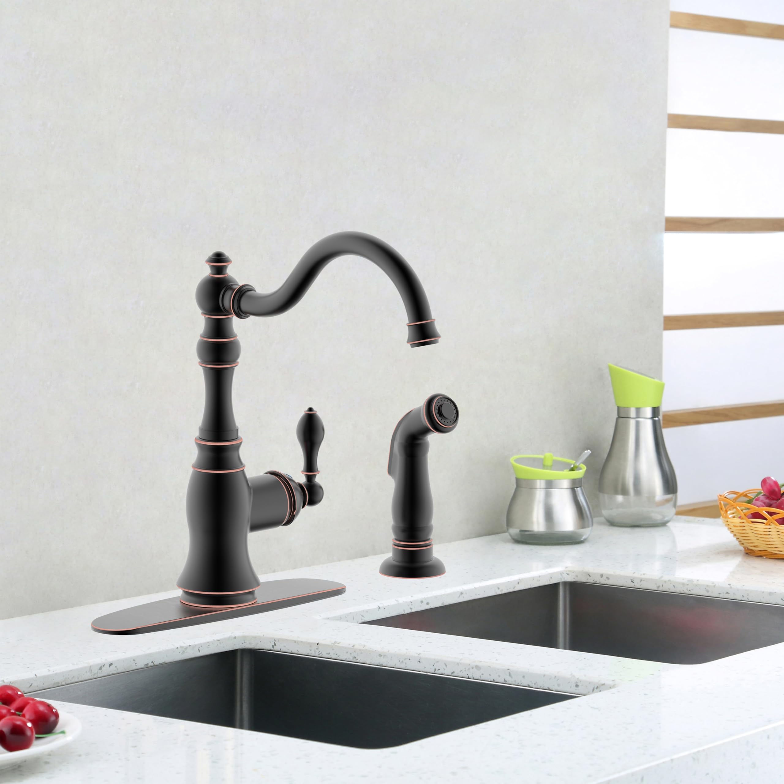 Derengge Oil Rubbed Bronze Kitchen Faucet With Side Spray, 8 Inch Single Handle Kitchen Sink Faucet With Deck Plate,2 Hole Or 4 Hole Installation,Clastic Style,Kf-6832Tb-Orb