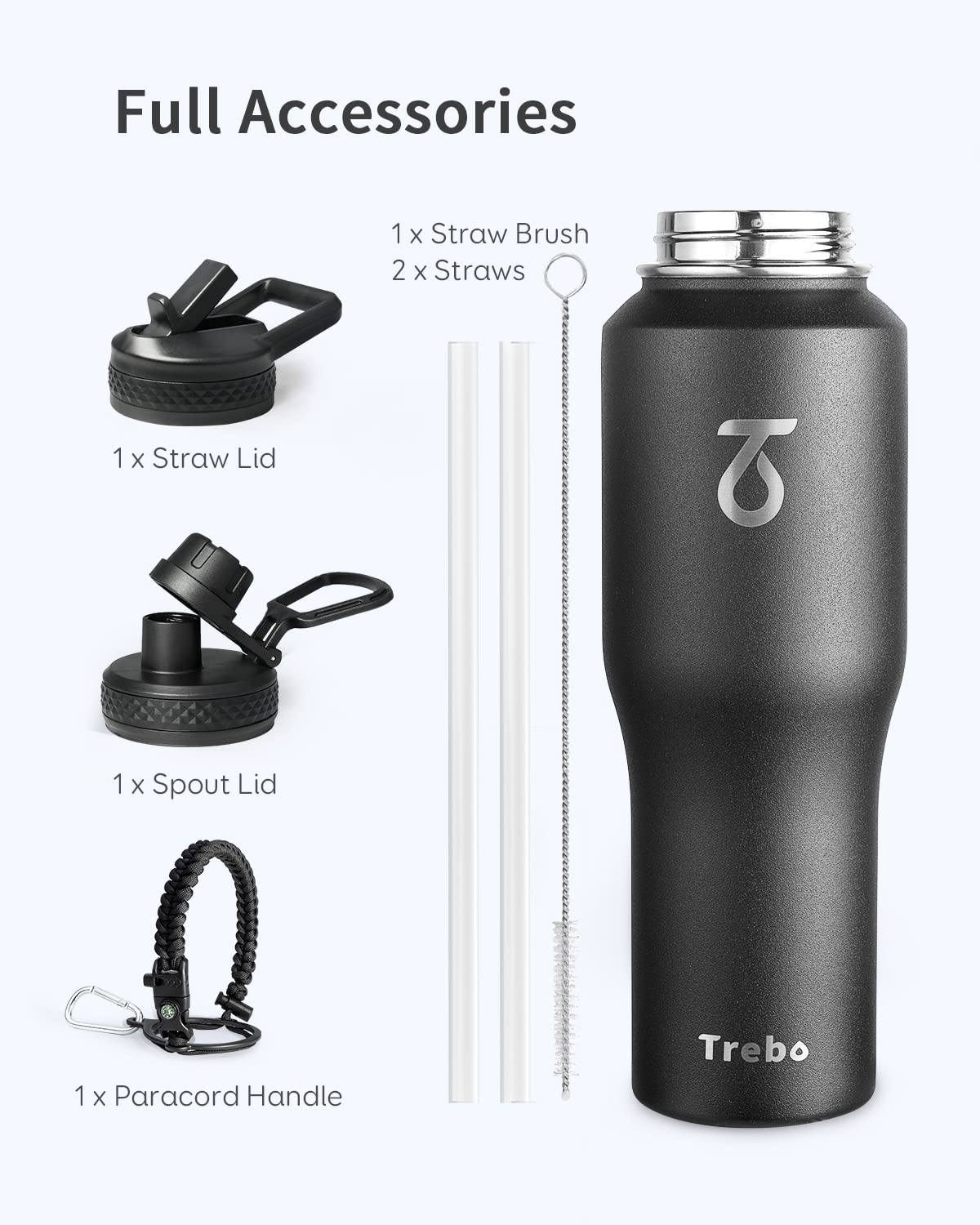 Trebo 32 Oz Water Bottle Insulated Fit In Any Car Cup Holder,Triple Wall Vacuum Stainless Steel